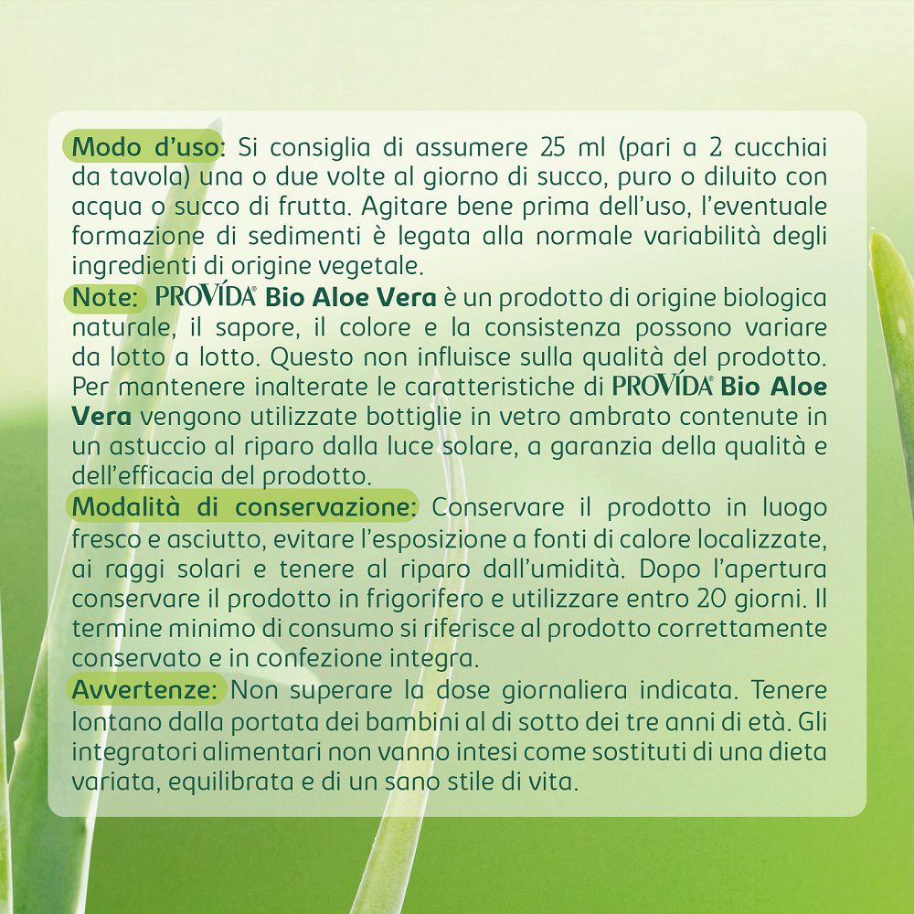 Succo di Bio Aloe Vera: indicazioni d'uso e conservazione.