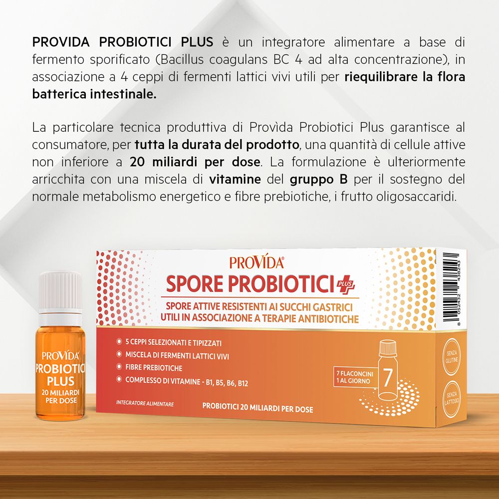 Confezione e un flaconcino del integratore Optima Provida Probiotici Plus su un tavolo di legno.