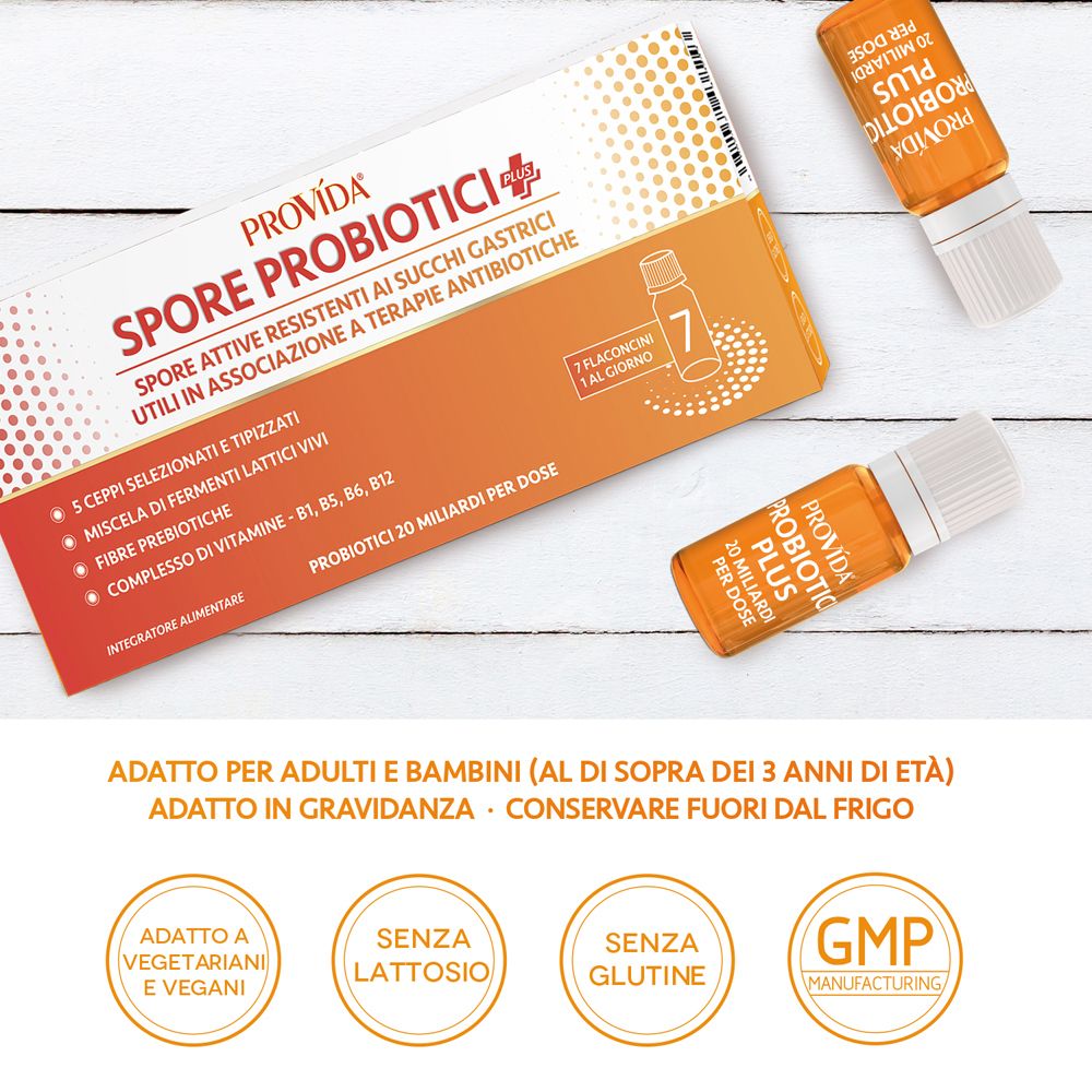 Confezione del integratore Optima Provida Probiotici Plus con i sigilli "Senza Glutine", "Senza Lattosio" e "GMP Manufacturing".