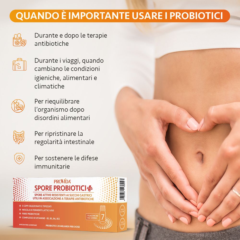 Confezione del integratore Optima Provida Probiotici Plus accanto a una donna che si tiene il ventre.