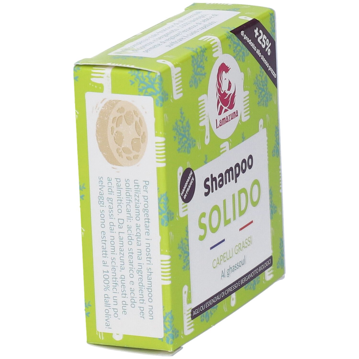 Scatola verde, vista laterale. Nome del prodotto e logo visibili. Testo: Shampoo Solido, Capelli grassi, Al ghassoul.