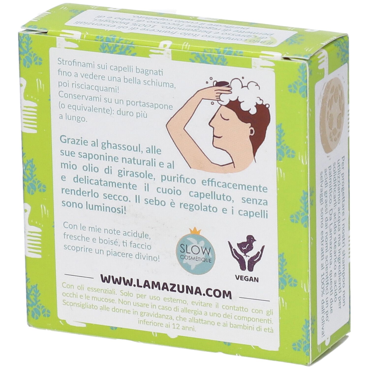 Retro della scatola verde. Illustrazione di una persona che si lava i capelli. Testo e loghi.