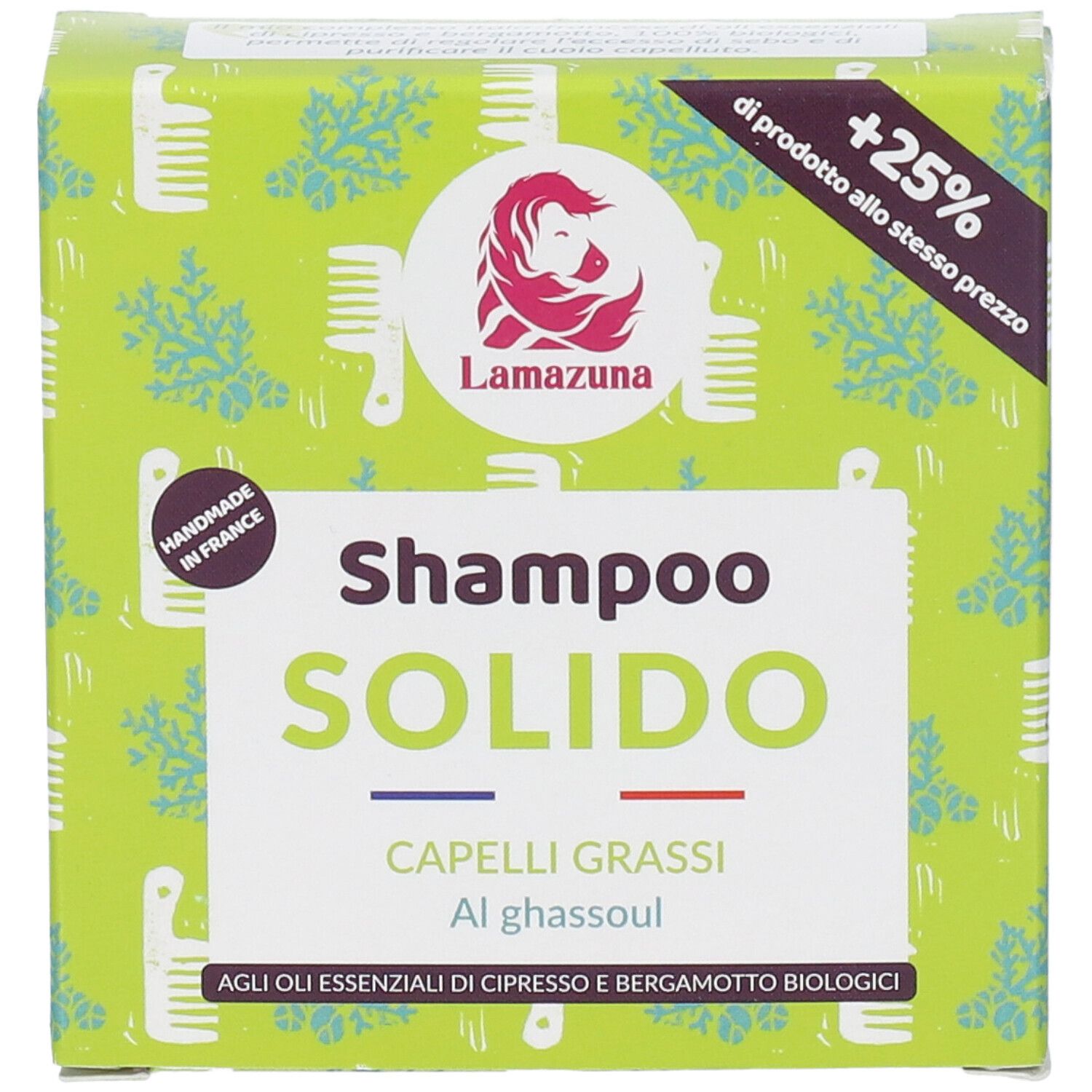 Scatola verde con logo e nome del prodotto. Testo: Shampoo Solido, Capelli grassi, Al ghassoul. Handmade in France.