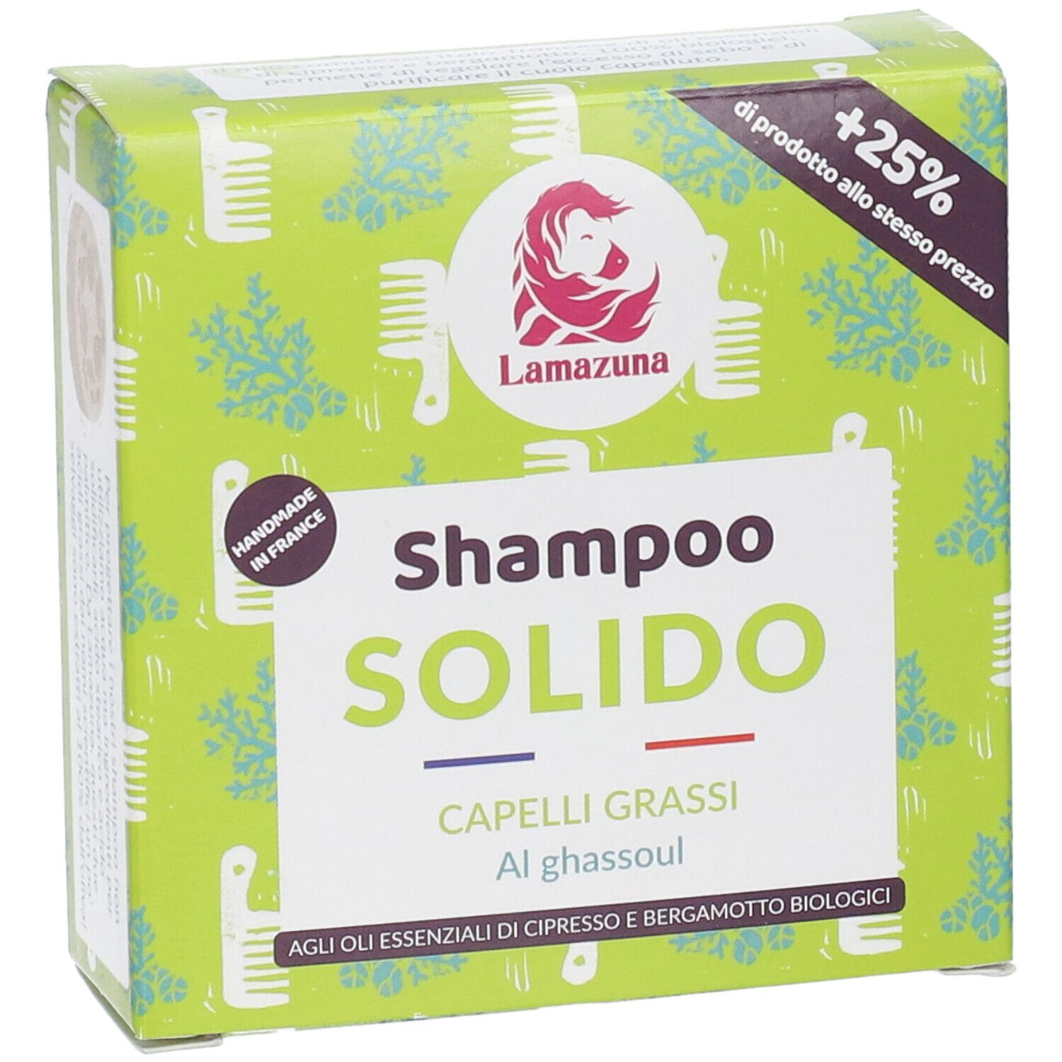 Scatola verde con logo e nome del prodotto. Testo: Shampoo Solido, Capelli grassi, Al ghassoul. Handmade in France.