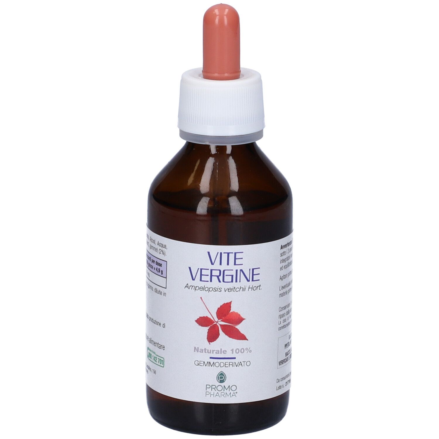 Flacone di vetro marrone con tappo bianco e pipetta. Scritta: VITE VERGINE, foglia rossa. Marchio: PromoPharma.