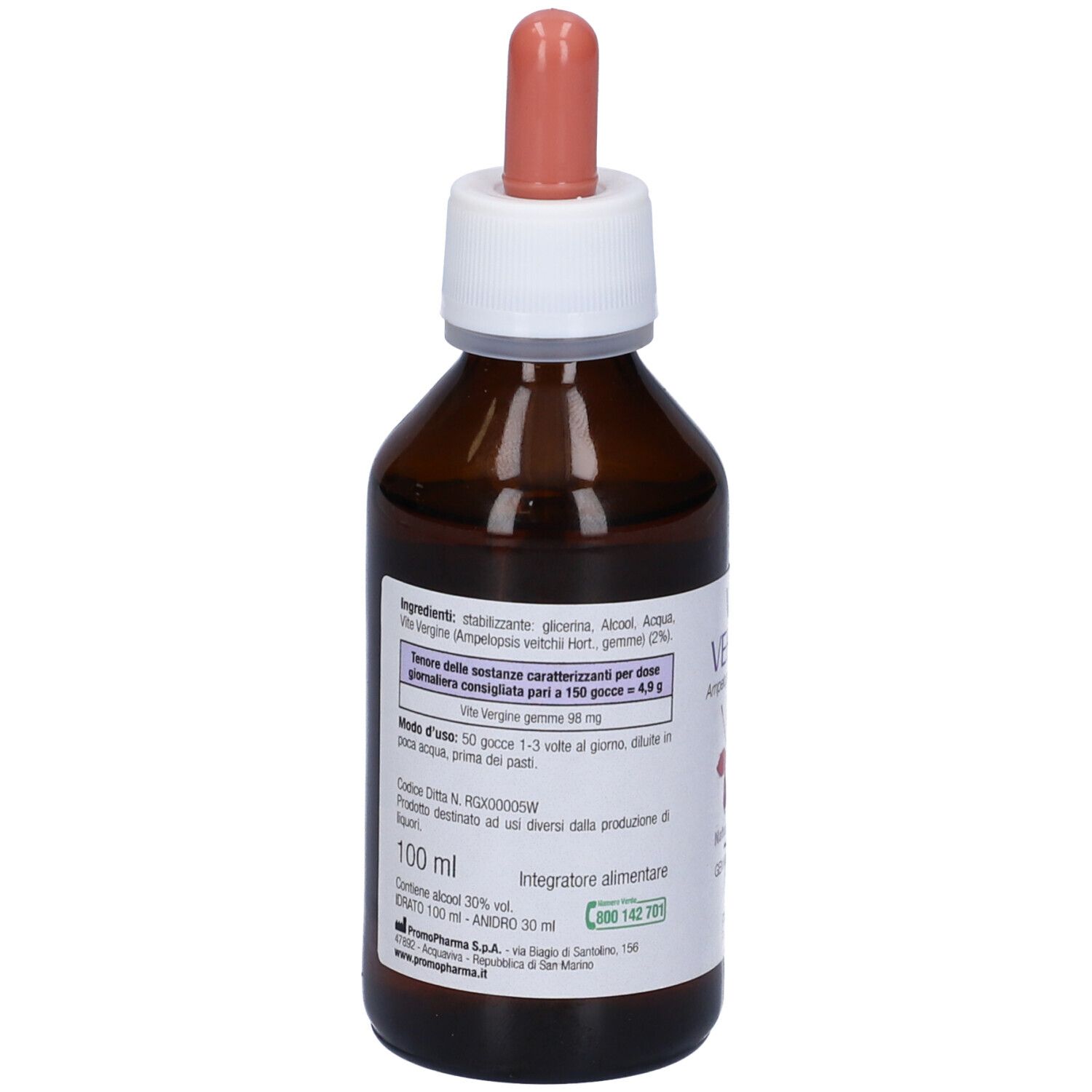 Flacone di vetro marrone con tappo bianco e pipetta. Retro con testo e indicazione 100 ml. Marchio: PromoPharma.
