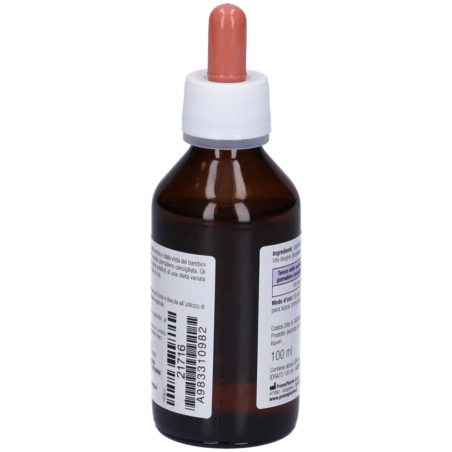 Flacone di vetro marrone con tappo bianco e pipetta. Retro con testo e codice a barre. 100 ml.