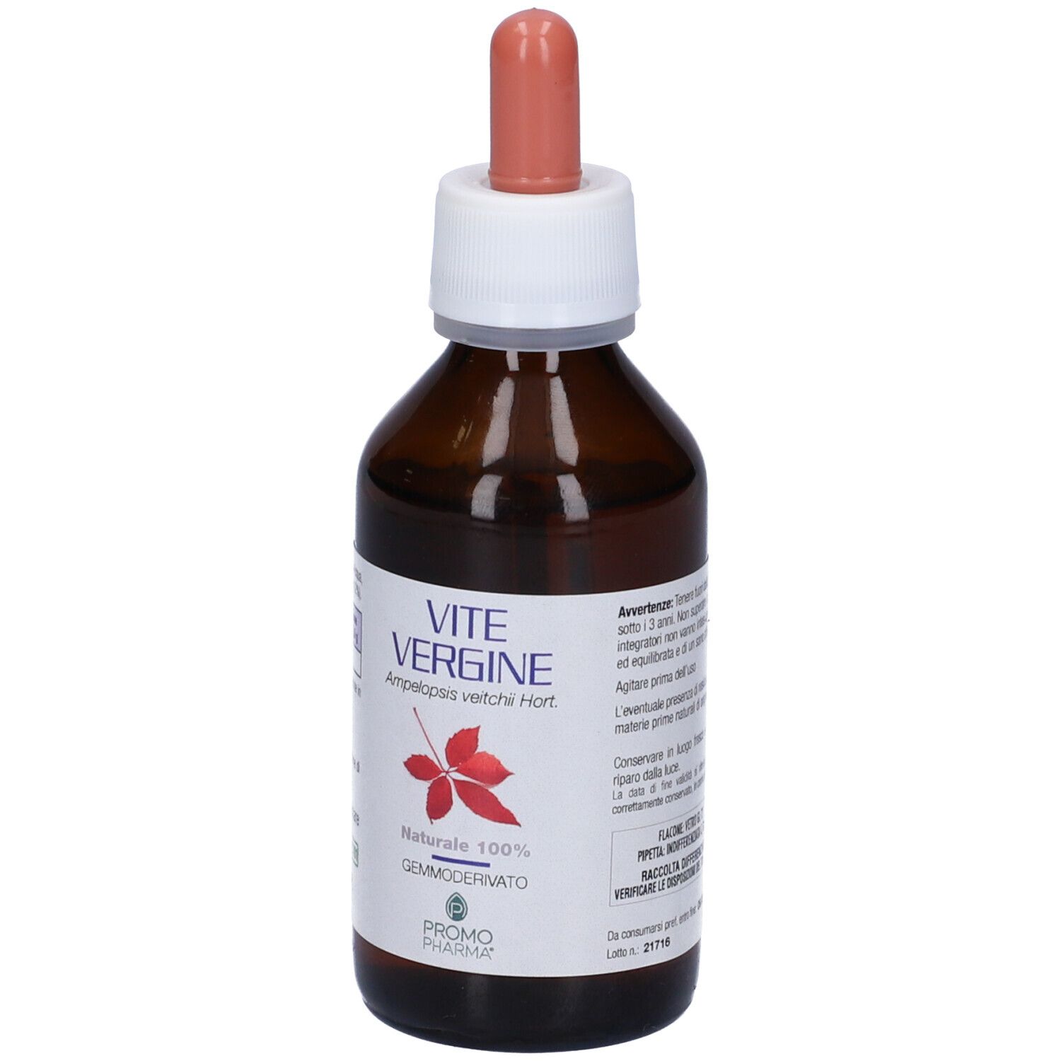 Flacone di vetro marrone con tappo bianco e pipetta. Scritta: VITE VERGINE, foglia rossa. Marchio: PromoPharma.