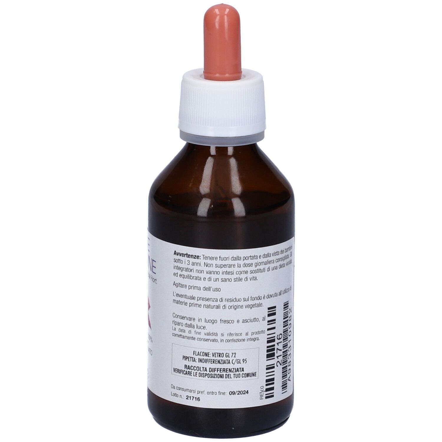 Flacone di vetro marrone con tappo bianco e pipetta. Retro con testo e codice a barre. 100 ml.