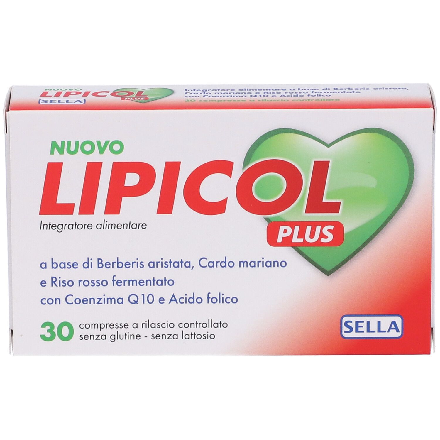 Scatola con testo rosso e verde. Scritto: LIPICOL PLUS, 30 compresse, senza glutine e lattosio. Marchio: SELLA.
