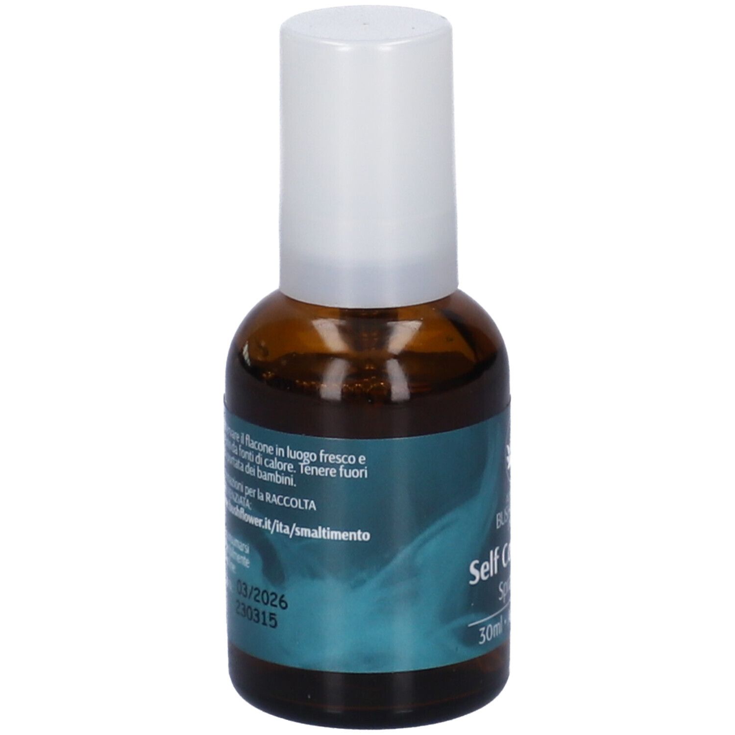 Flacone di vetro marrone con vaporizzatore bianco. Scritta: Self Confidence Spray Orale. Etichetta con testo in italiano.