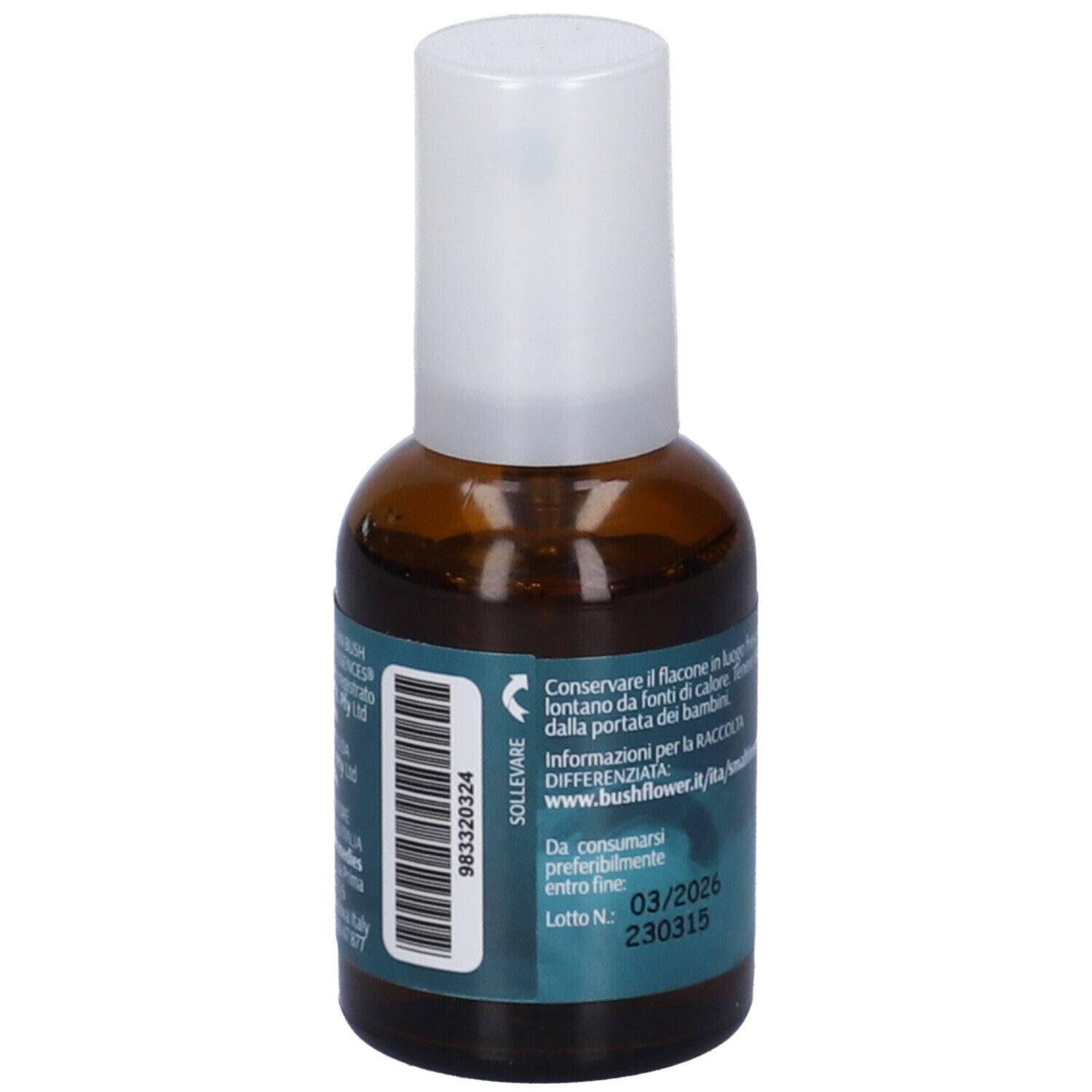 Flacone di vetro marrone con vaporizzatore bianco. Scritta: Self Confidence Spray Orale. Etichetta con testo in italiano.