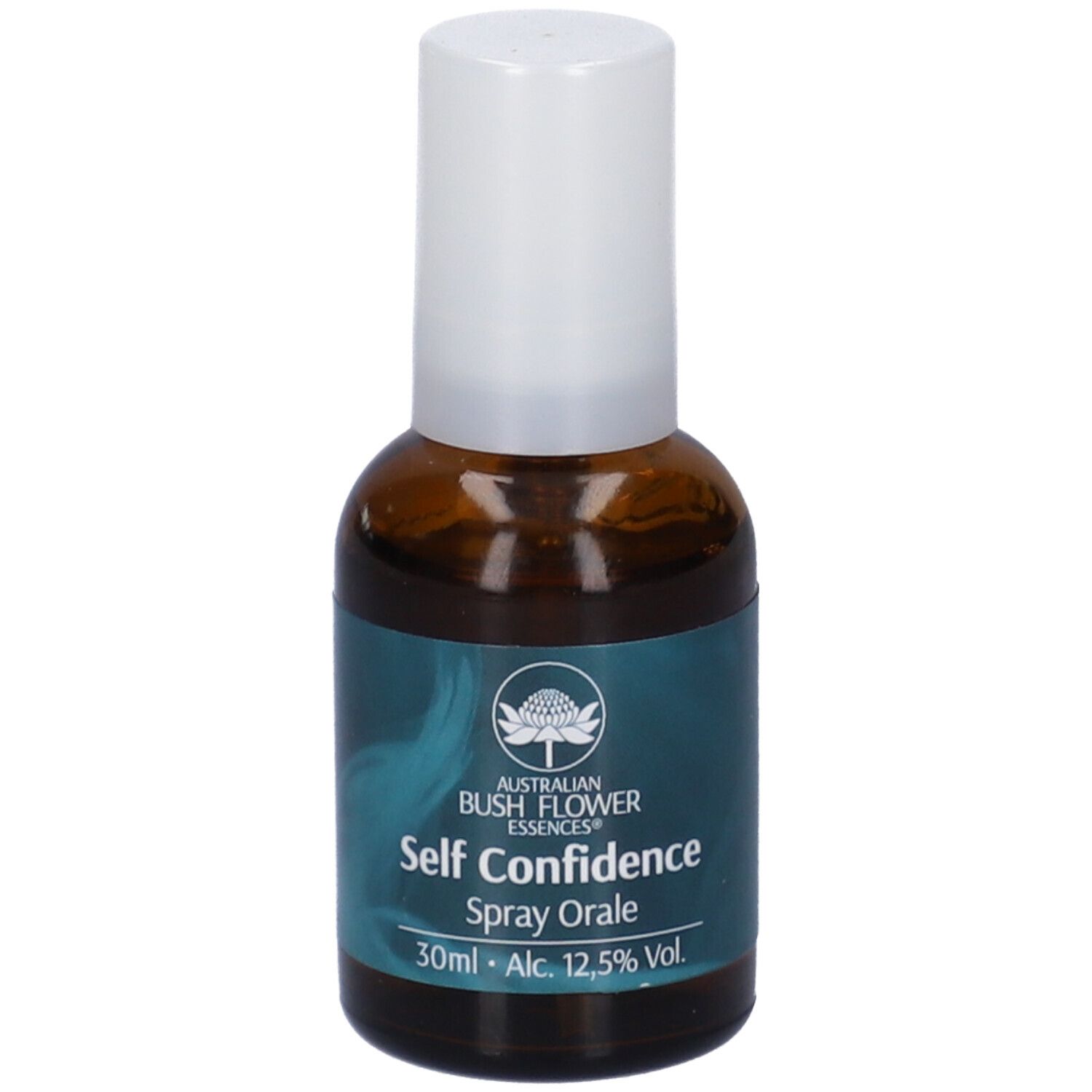 Flacone di vetro marrone con vaporizzatore bianco. Scritta: Self Confidence Spray Orale. 30ml, 12,5% Vol. Logo: Australian Bush Flower Essences.