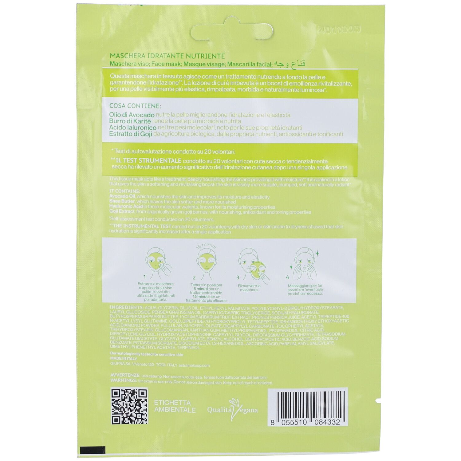 Retro della confezione della maschera viso. Scritta: Maschera Idratante Nutriente. Ingredienti e istruzioni.