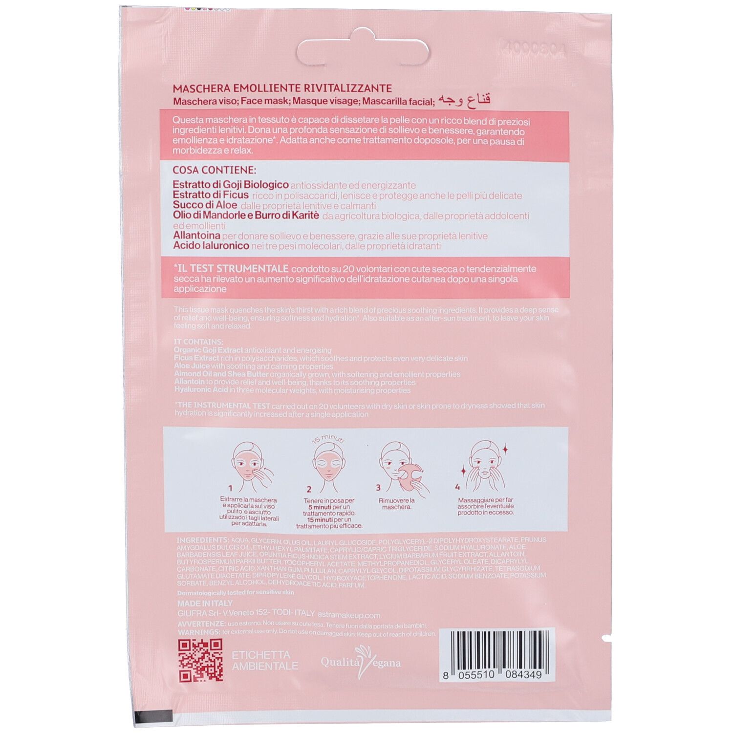 Retro confezione maschera viso. Rosa, con testo e istruzioni per l'uso. Contiene informazioni sugli ingredienti e l'utilizzo.