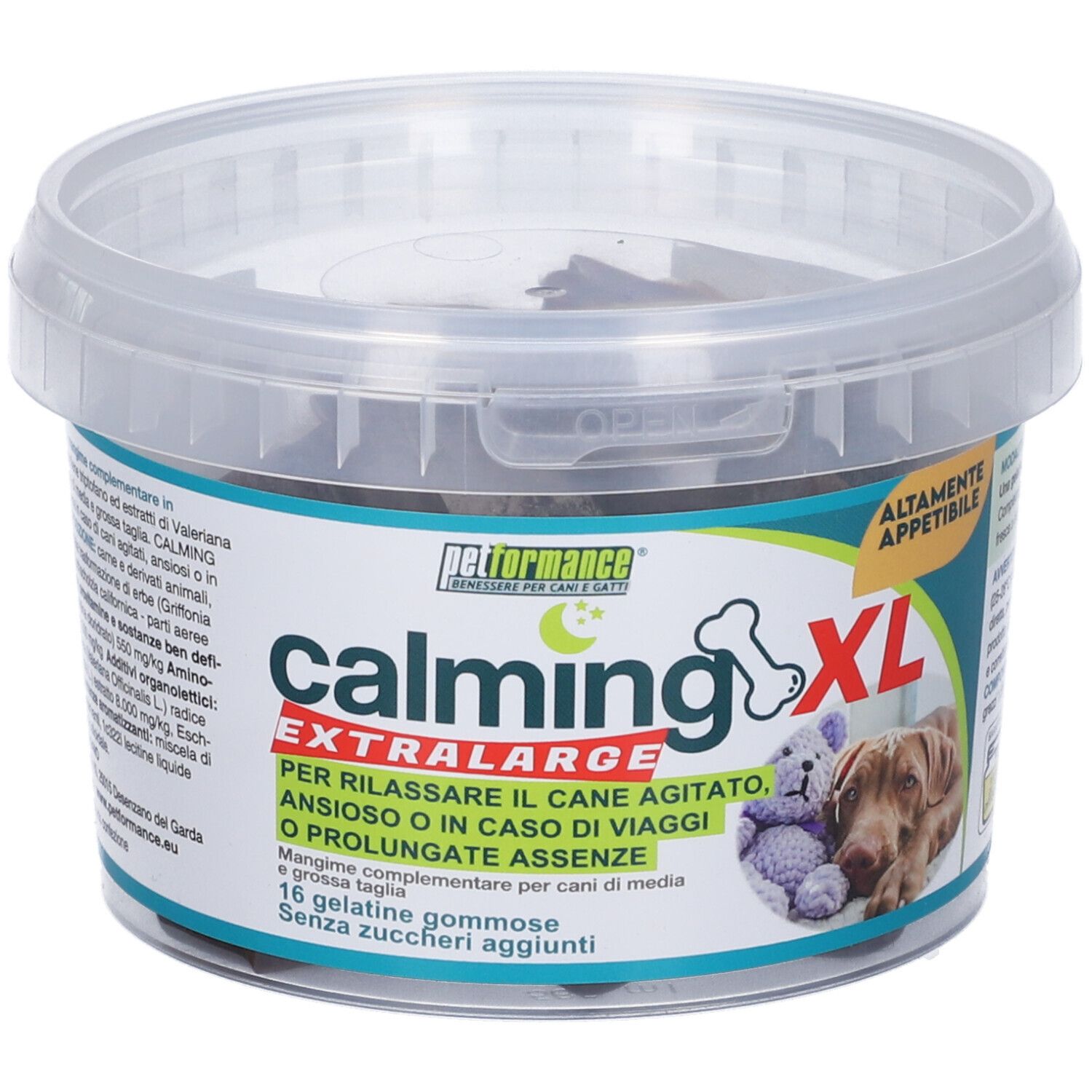 Barattolo Calming XL. Nome prodotto, simbolo osso, cane e orsacchiotto. 16 gelatine.