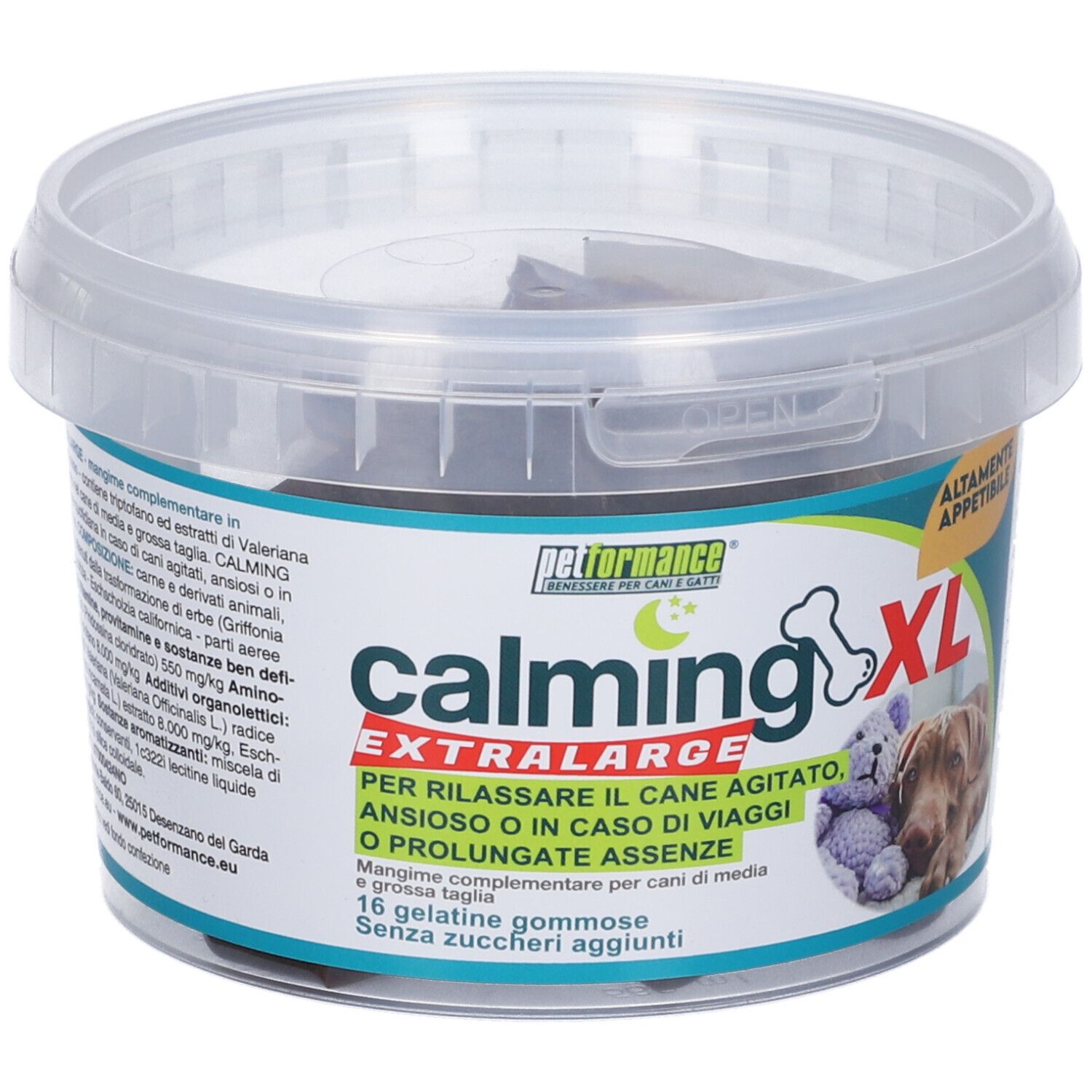 Barattolo Calming XL. Nome prodotto, simbolo osso, cane e orsacchiotto. 16 gelatine.