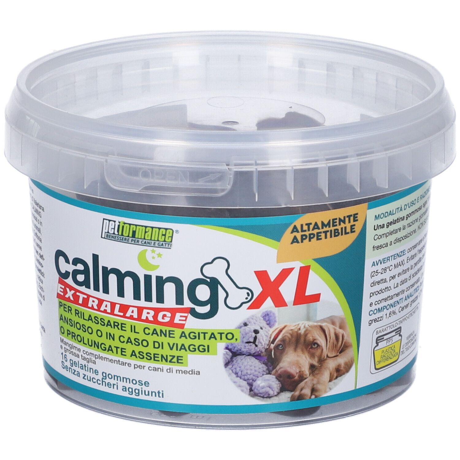 Barattolo Calming XL. Nome prodotto, simbolo osso, cane e orsacchiotto. 16 gelatine.