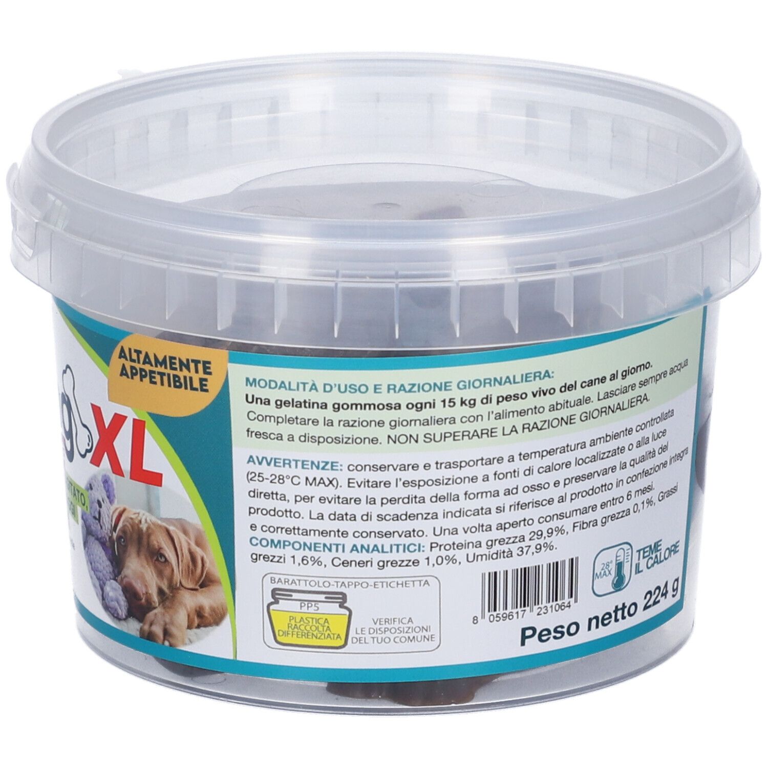 Barattolo Calming XL. Nome prodotto, simbolo osso, cane e orsacchiotto. 16 gelatine. 224g.