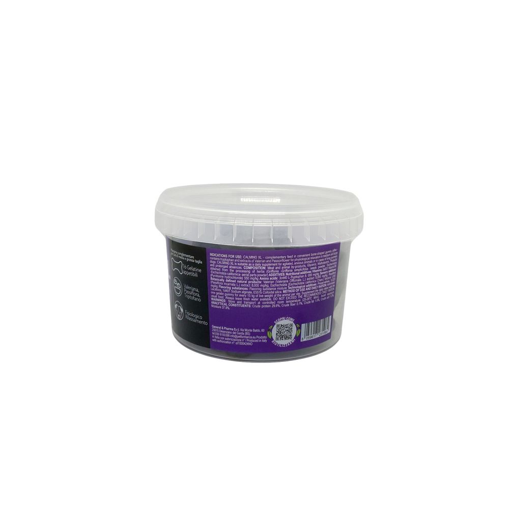 Retro del barattolo Calming XL. Testo e informazioni sull'etichetta.