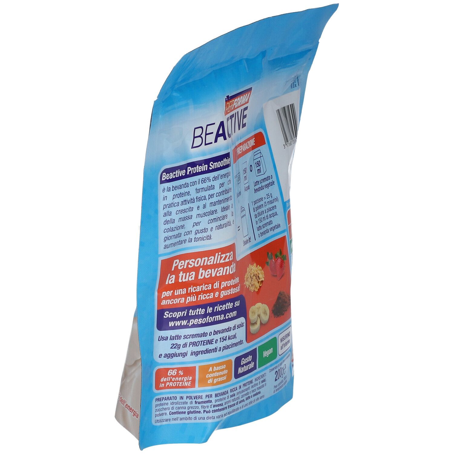 Retro della busta PERFORMA BEACTIVE Smoothie Protein. Testo sulla composizione e valori nutrizionali. Illustrazioni di ingredienti.