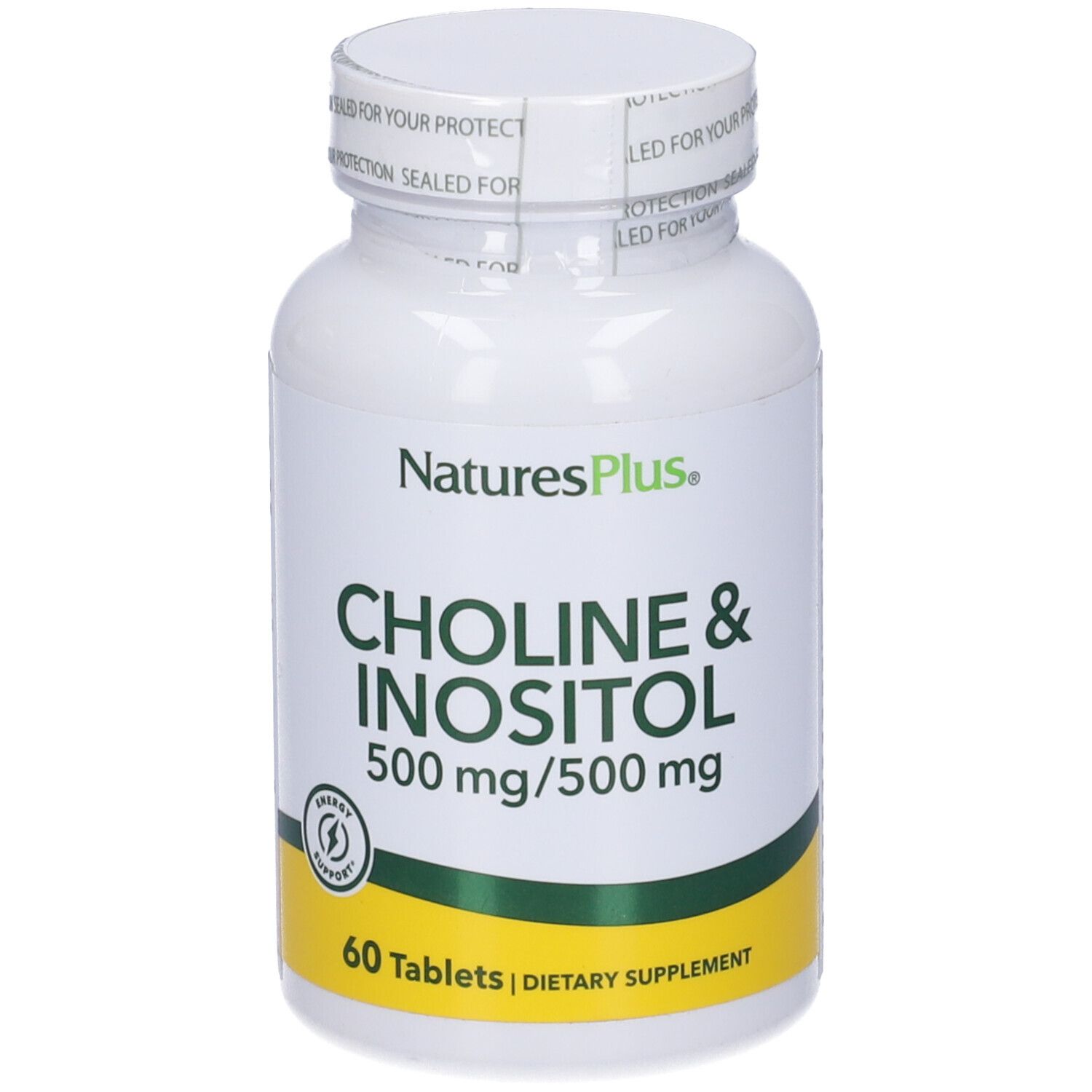 Flacone bianco di Choline & Inositol 500mg/500mg, 60 compresse. Marchio NaturesPlus.