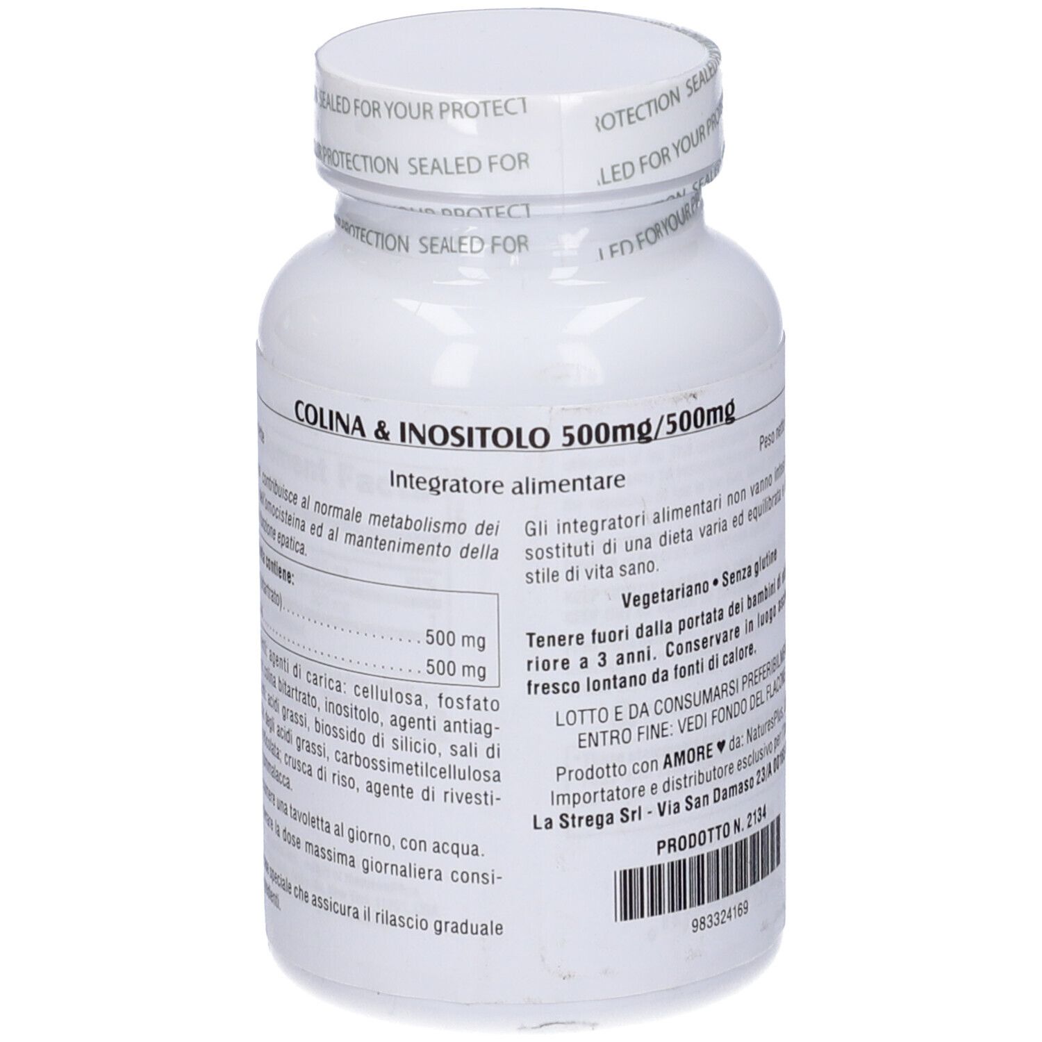 Flacone bianco di Choline & Inositol 500mg/500mg, 60 compresse. Marchio NaturesPlus.