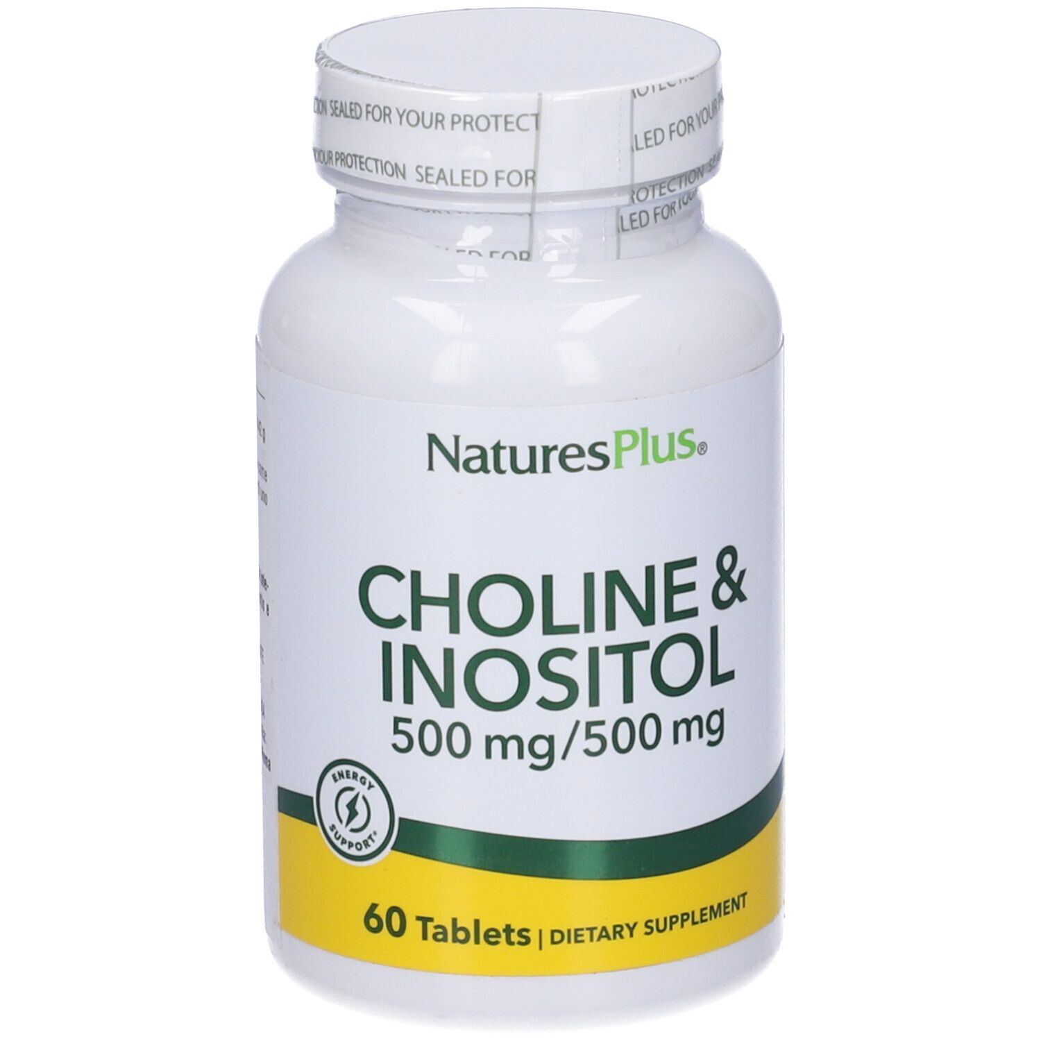 Flacone bianco di Choline & Inositol 500mg/500mg, 60 compresse. Marchio NaturesPlus.