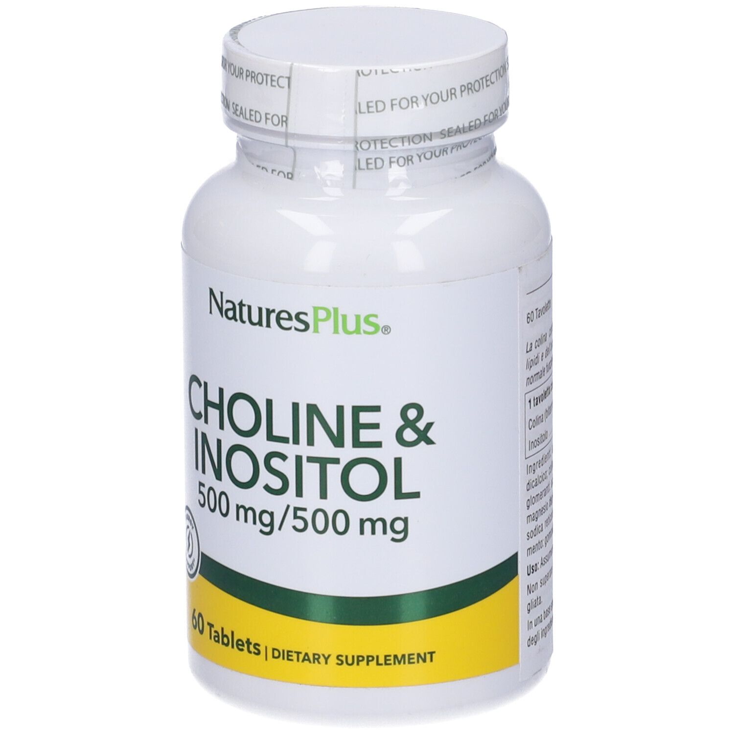 Flacone bianco di Choline & Inositol 500mg/500mg, 60 compresse. Marchio NaturesPlus.