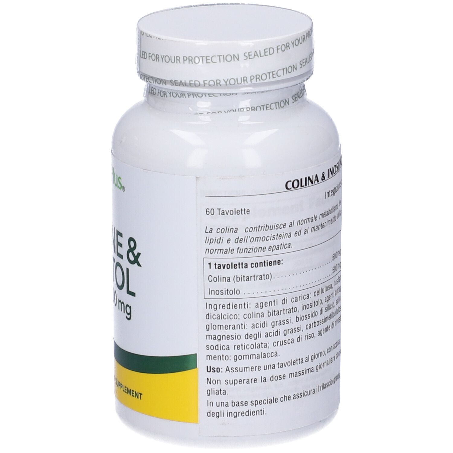 Flacone bianco di Colina & Inositolo 500mg/500mg, 60 compresse. Testo in italiano.