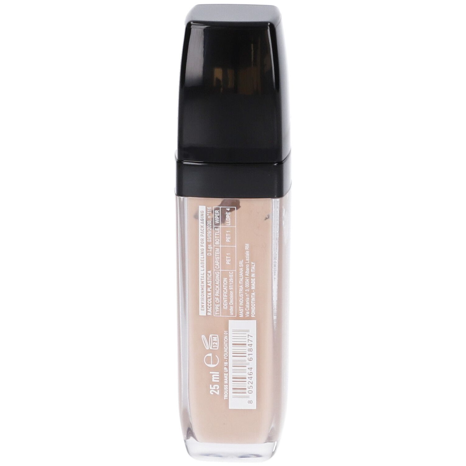 Retro del flacone di fondotinta. Testo con informazioni. 25 ml. Liquido beige in un flacone rettangolare trasparente.