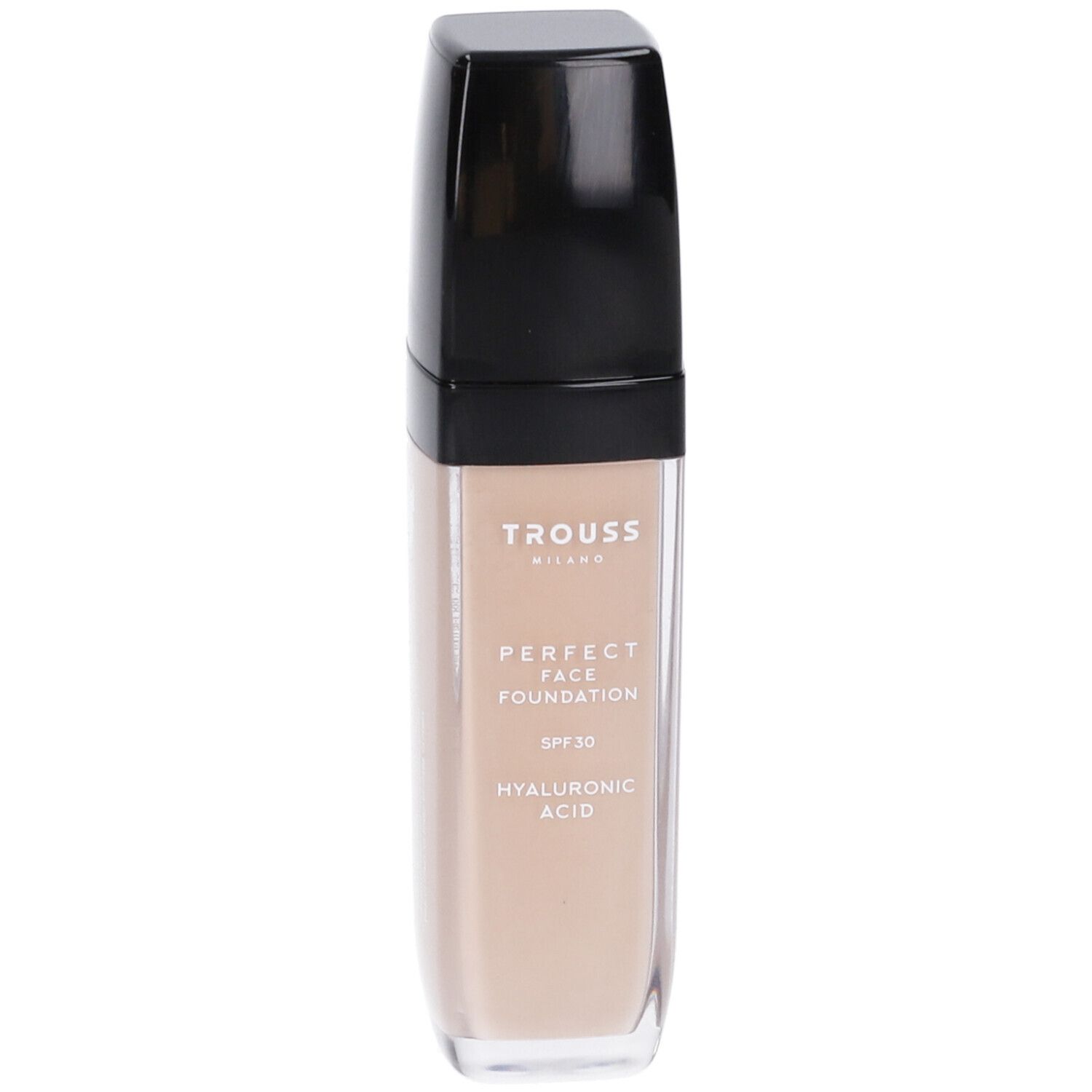 Fondotinta Trouss Milano Perfect Face. Liquido beige in flacone rettangolare con tappo nero. SPF 30, acido ialuronico.