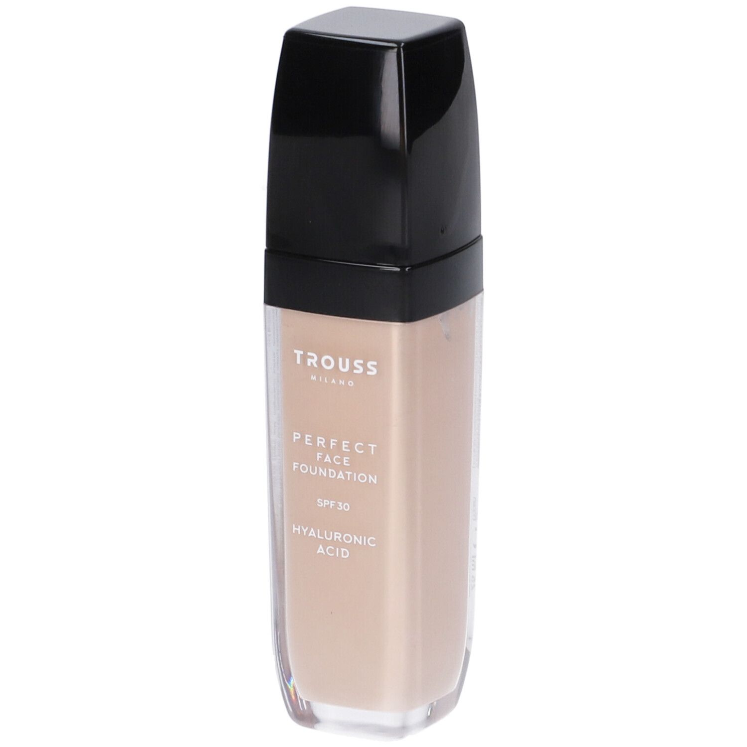 Fondotinta Trouss Milano Perfect Face. Liquido beige in flacone rettangolare con tappo nero. SPF 30, acido ialuronico.
