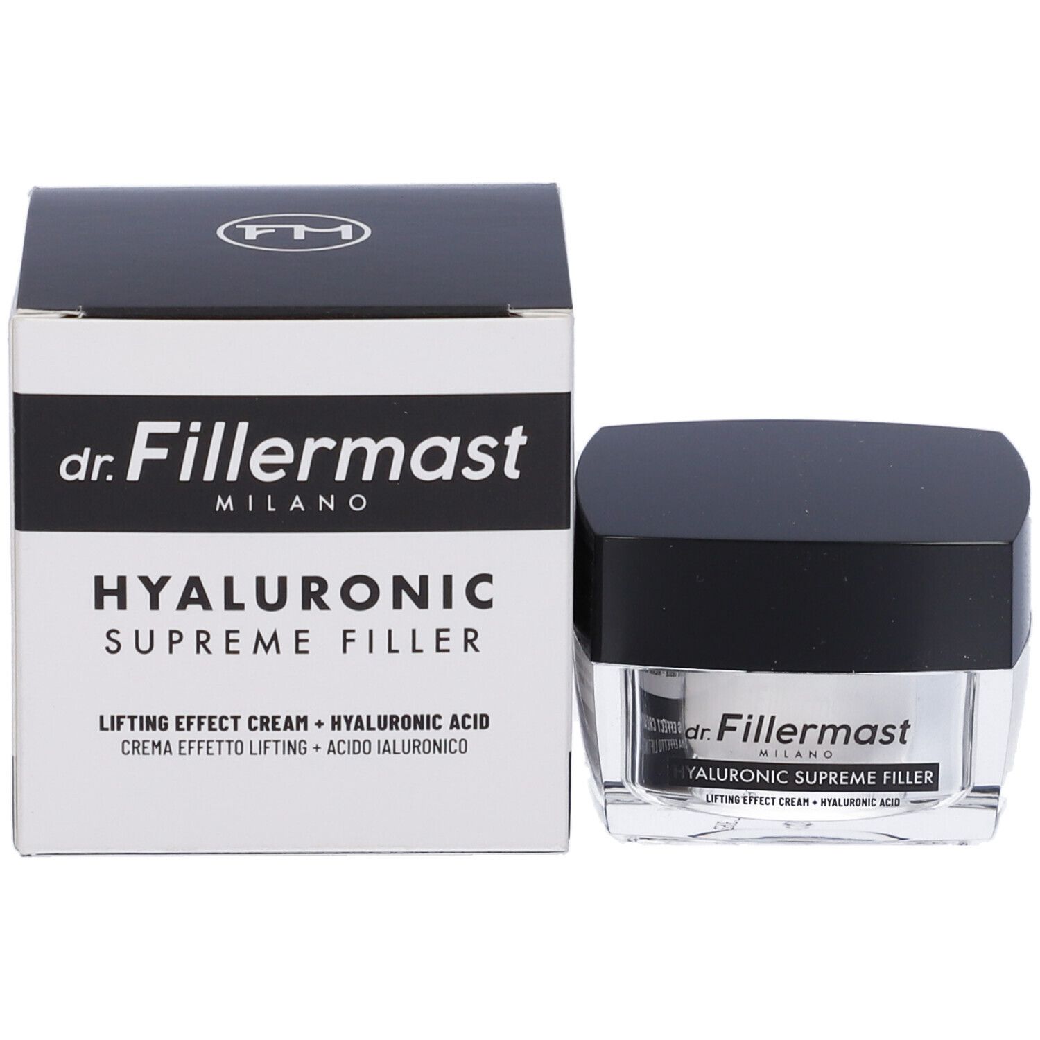 Confezione del prodotto e vaso di crema. Sulla confezione si legge "dr. Fillermast MILANO HYALURONIC SUPREME FILLER".