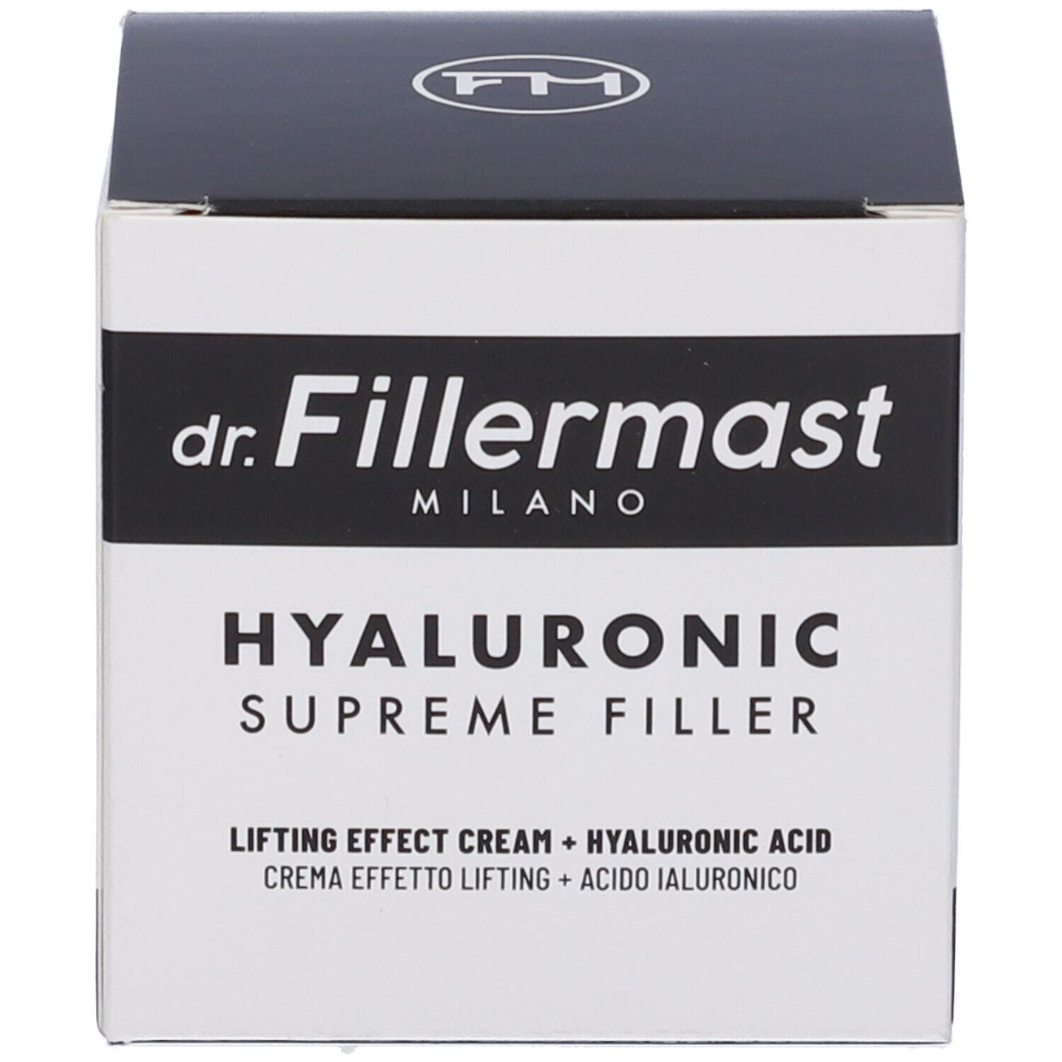 Confezione del prodotto con coperchio nero. Sulla confezione si legge "dr. Fillermast MILANO HYALURONIC SUPREME FILLER".