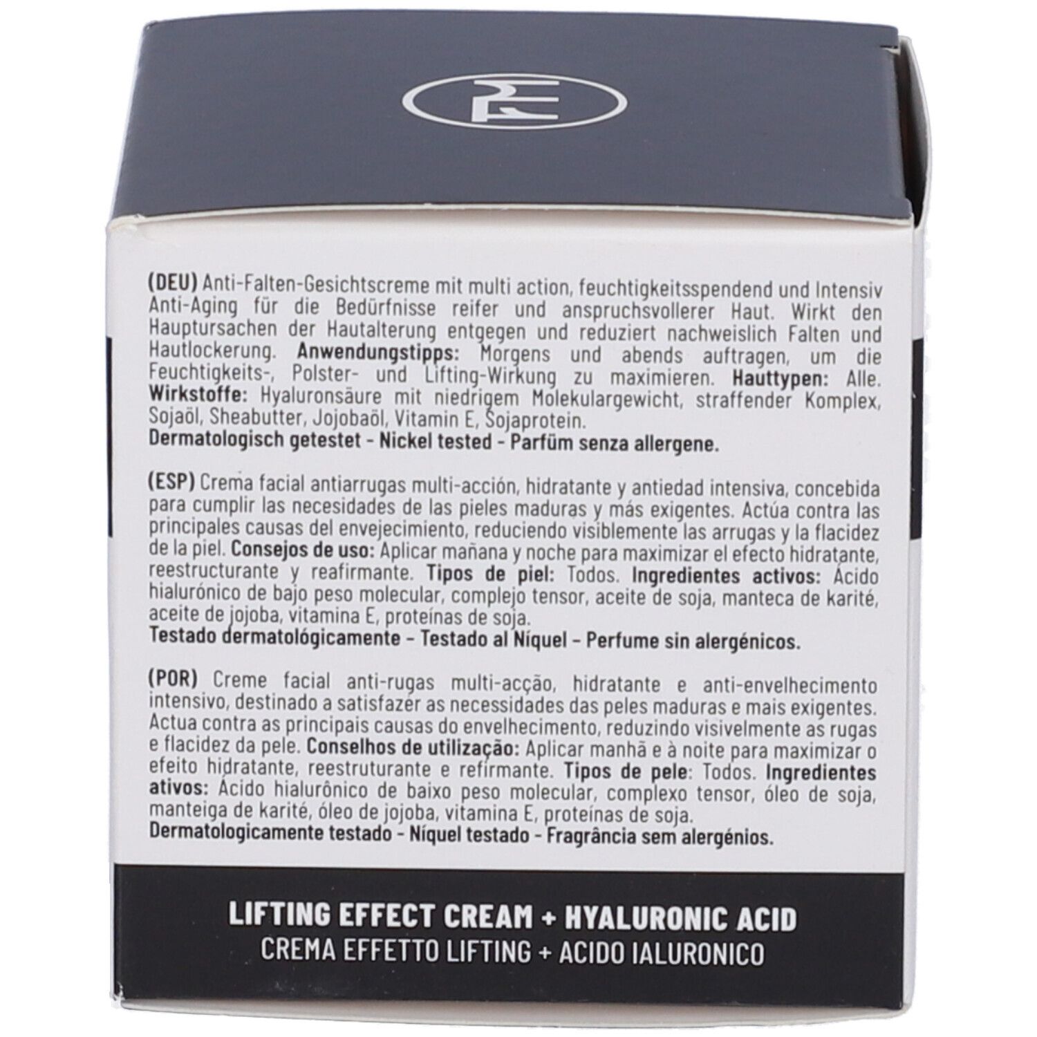 Retro della confezione del prodotto. Testo in tedesco, spagnolo e italiano. Contiene ingredienti e istruzioni per l'uso.