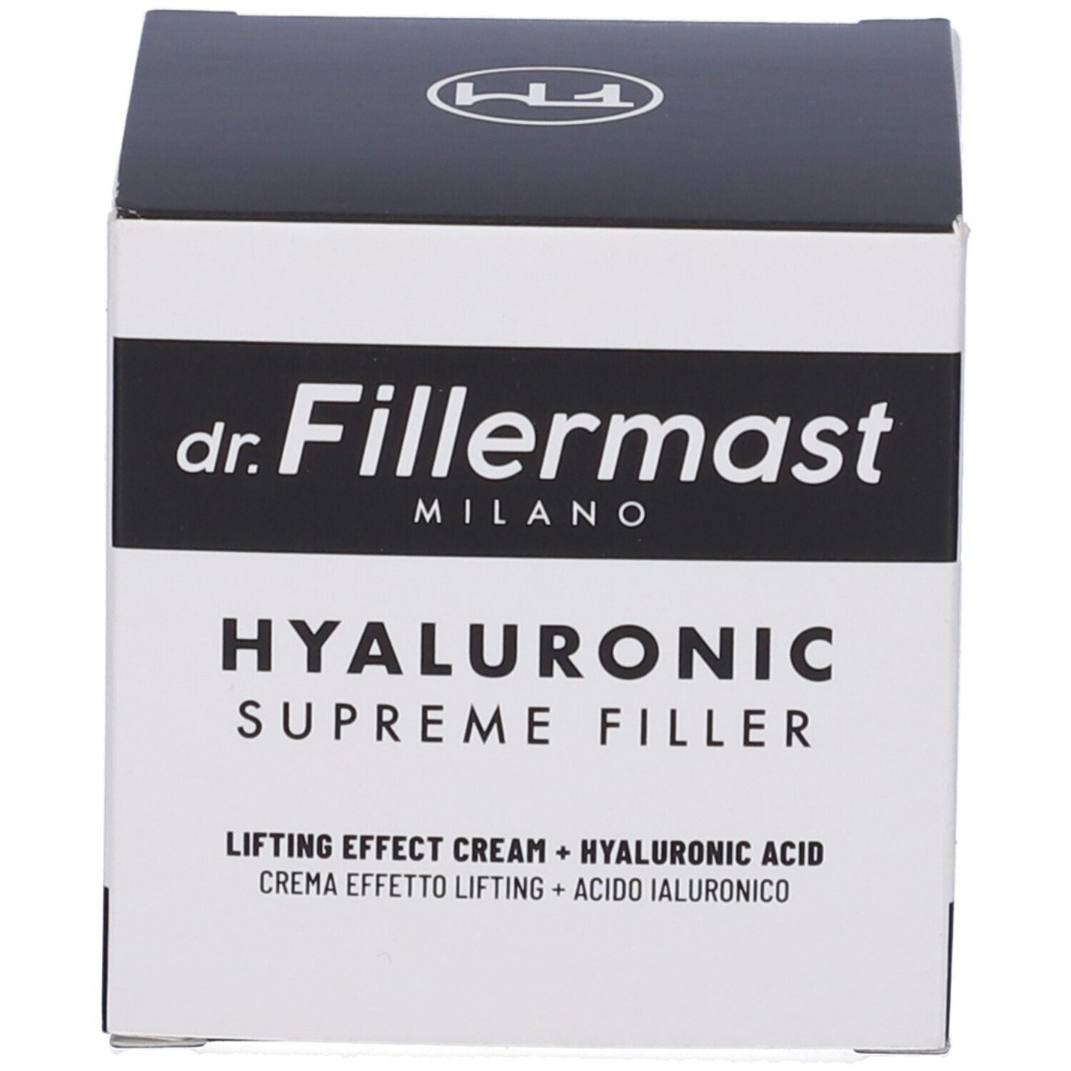 Confezione del prodotto con coperchio nero. Sulla confezione si legge "dr. Fillermast MILANO HYALURONIC SUPREME FILLER".