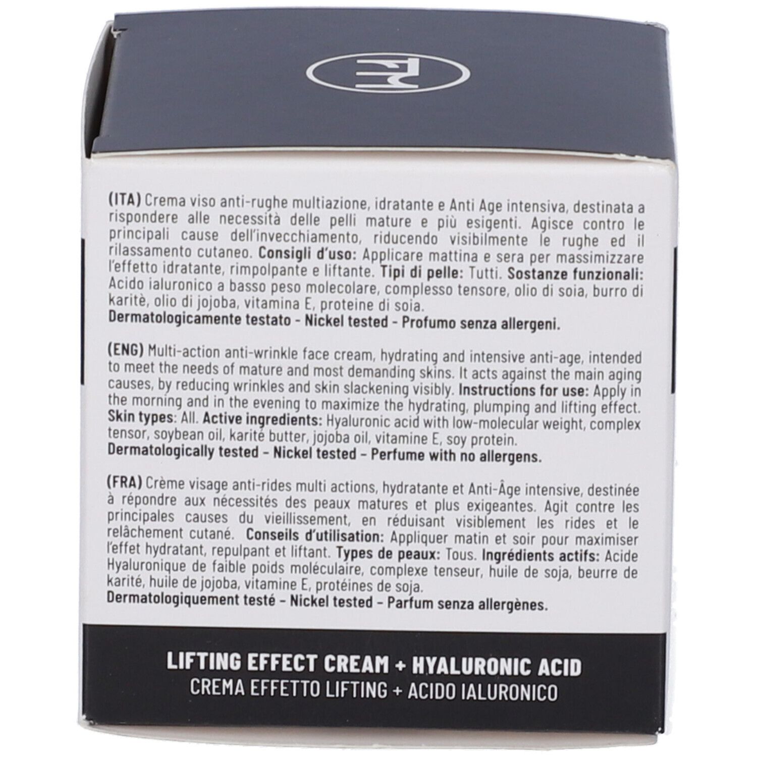 Retro della confezione del prodotto. Testo in inglese, italiano e francese. Contiene ingredienti e istruzioni per l'uso.
