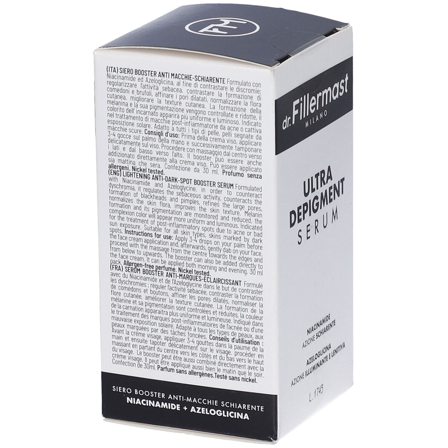 Scatola Dr. Fillermast Ultra Depigment Serum, lato con istruzioni dettagliate.