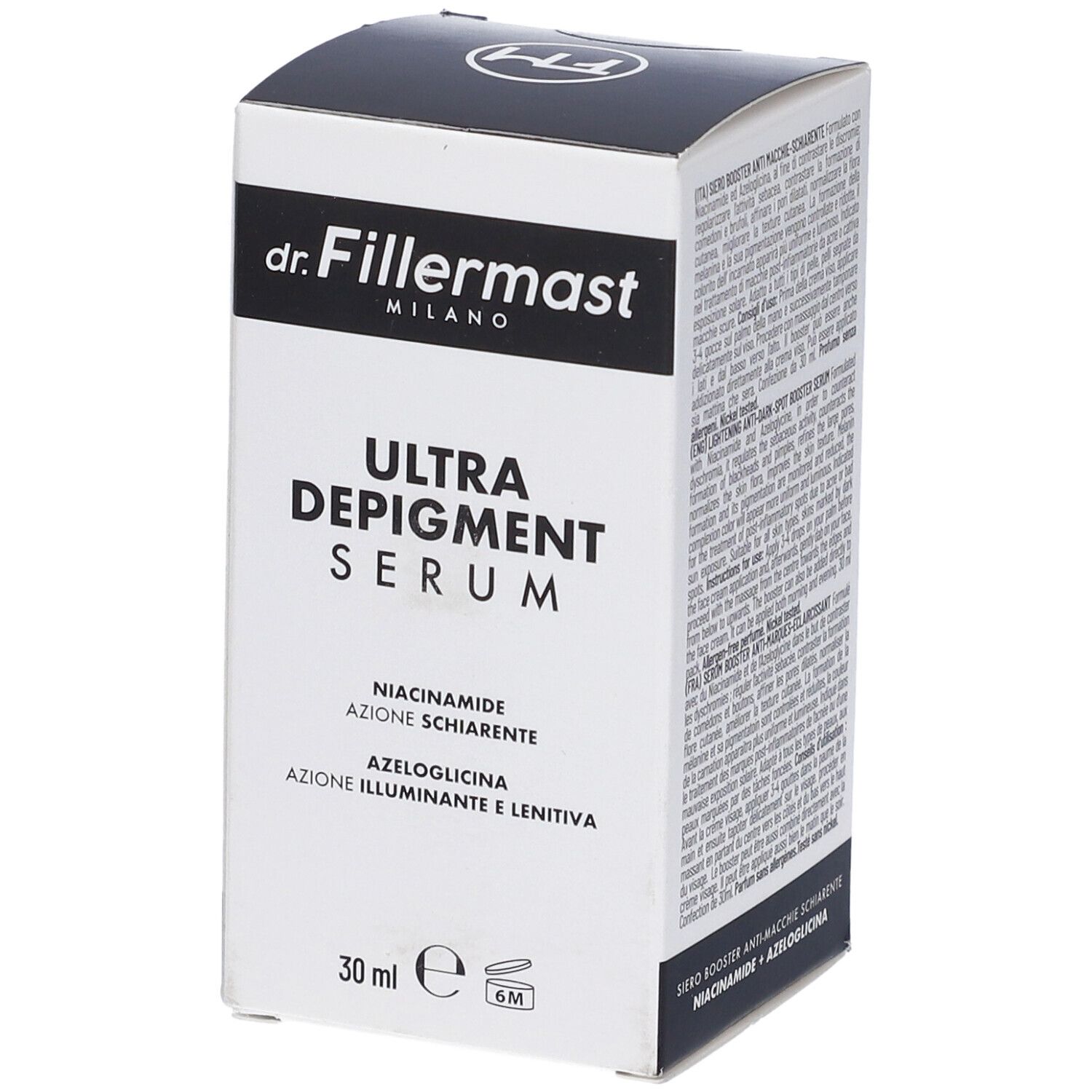 Scatola Dr. Fillermast Ultra Depigment Serum, 30 ml, con data di scadenza.