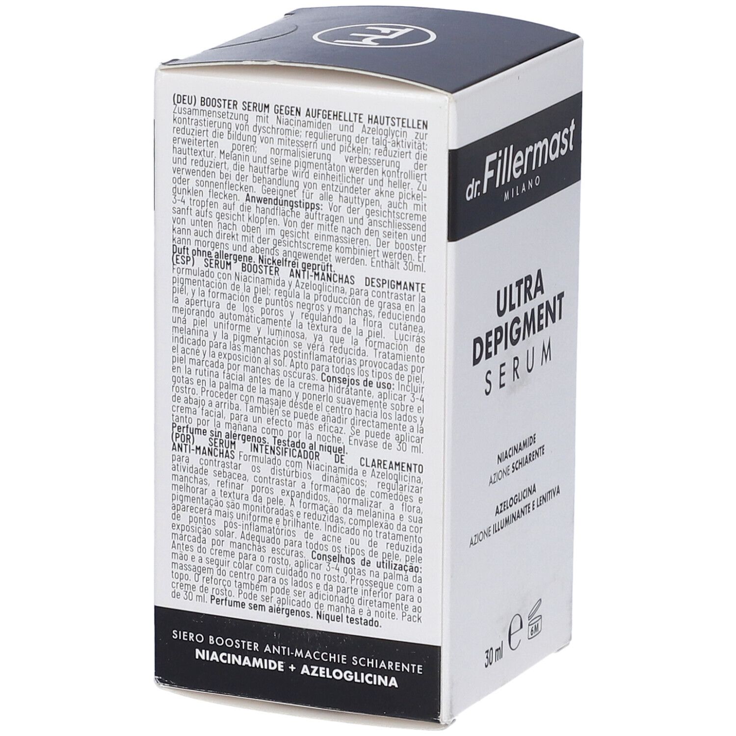 Scatola Dr. Fillermast Ultra Depigment Serum, fronte e lato con informazioni prodotto.