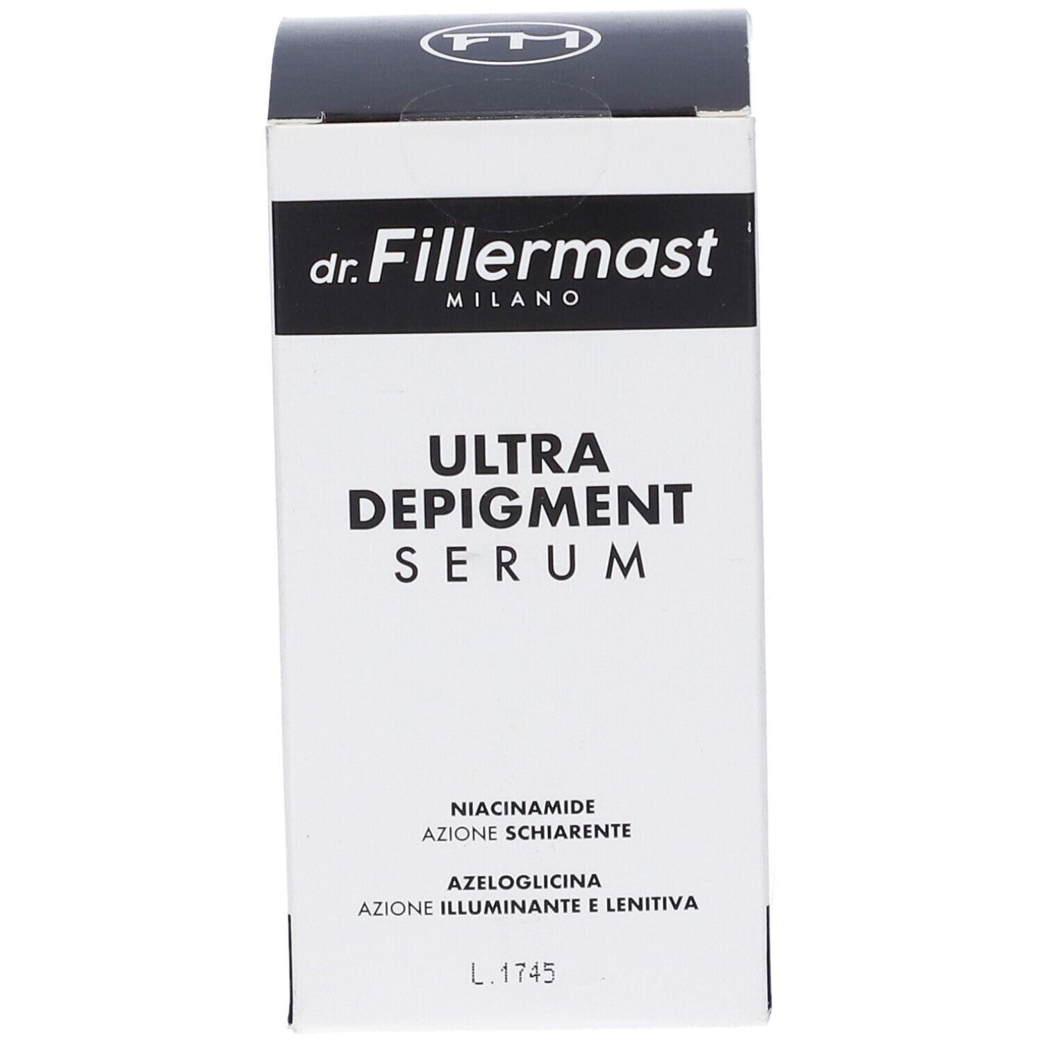 Scatola Dr. Fillermast Ultra Depigment Serum, lato con istruzioni dettagliate.