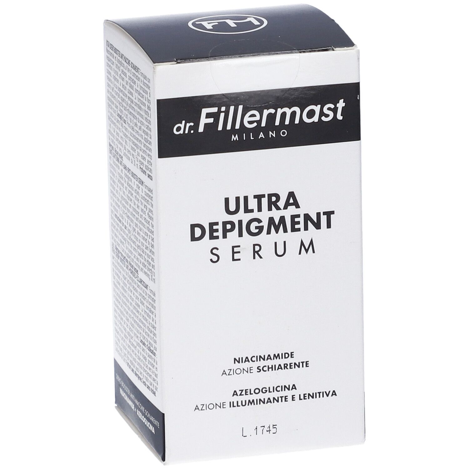 Scatola Dr. Fillermast Ultra Depigment Serum, fronte con nome prodotto e ingredienti.