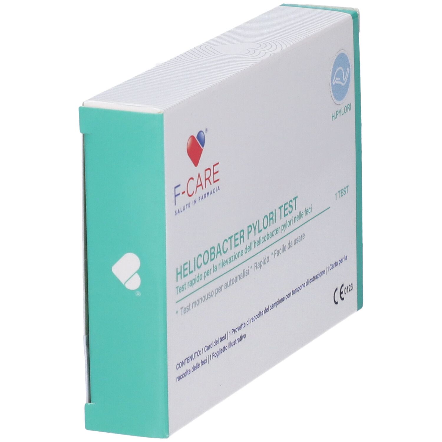 Vista angolata della confezione del test F-CARE Helicobacter Pylori. Bianca e verde. Logo cuore e testo in italiano.