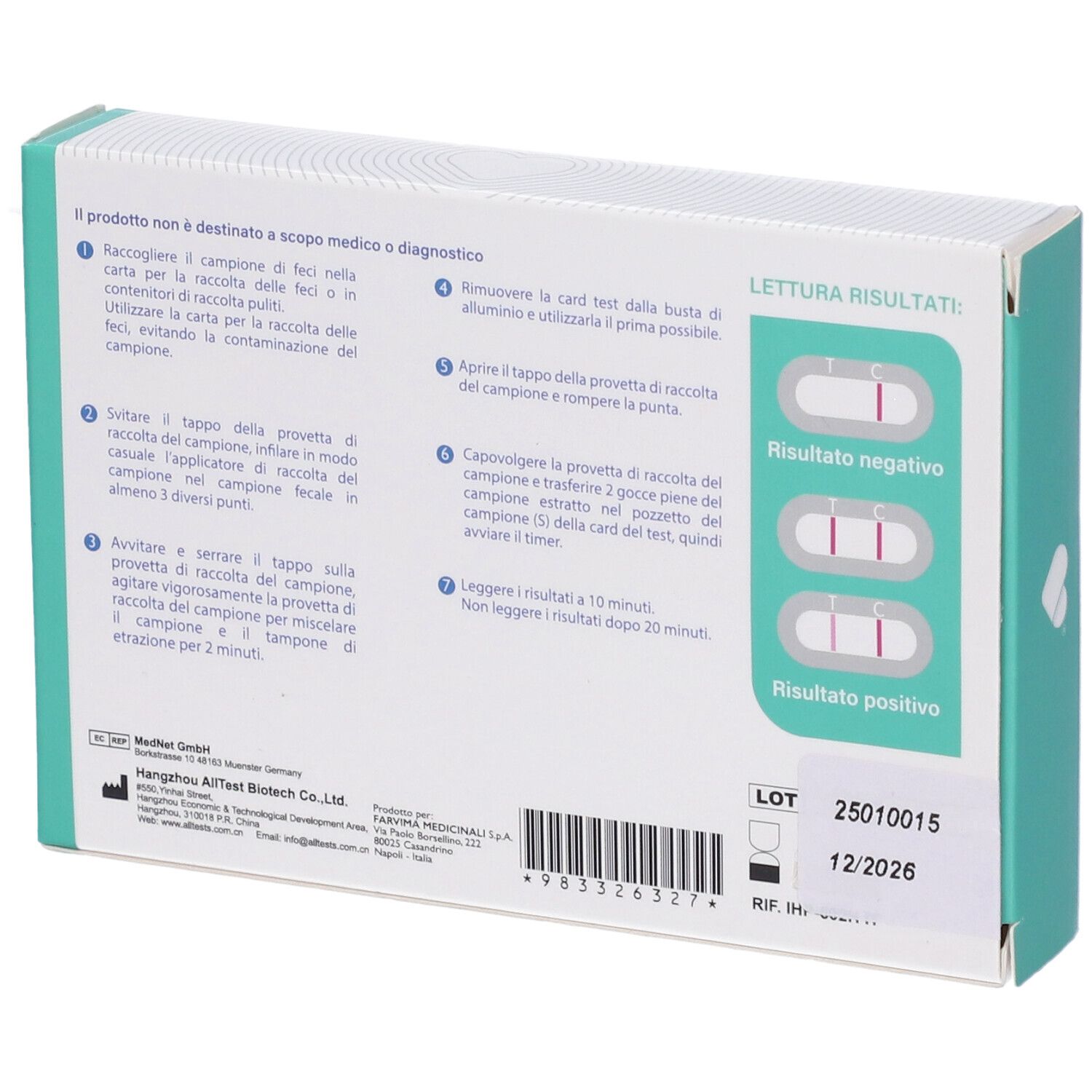 Retro della confezione del test F-CARE Helicobacter Pylori. Istruzioni e risultati in italiano. Marchio CE.