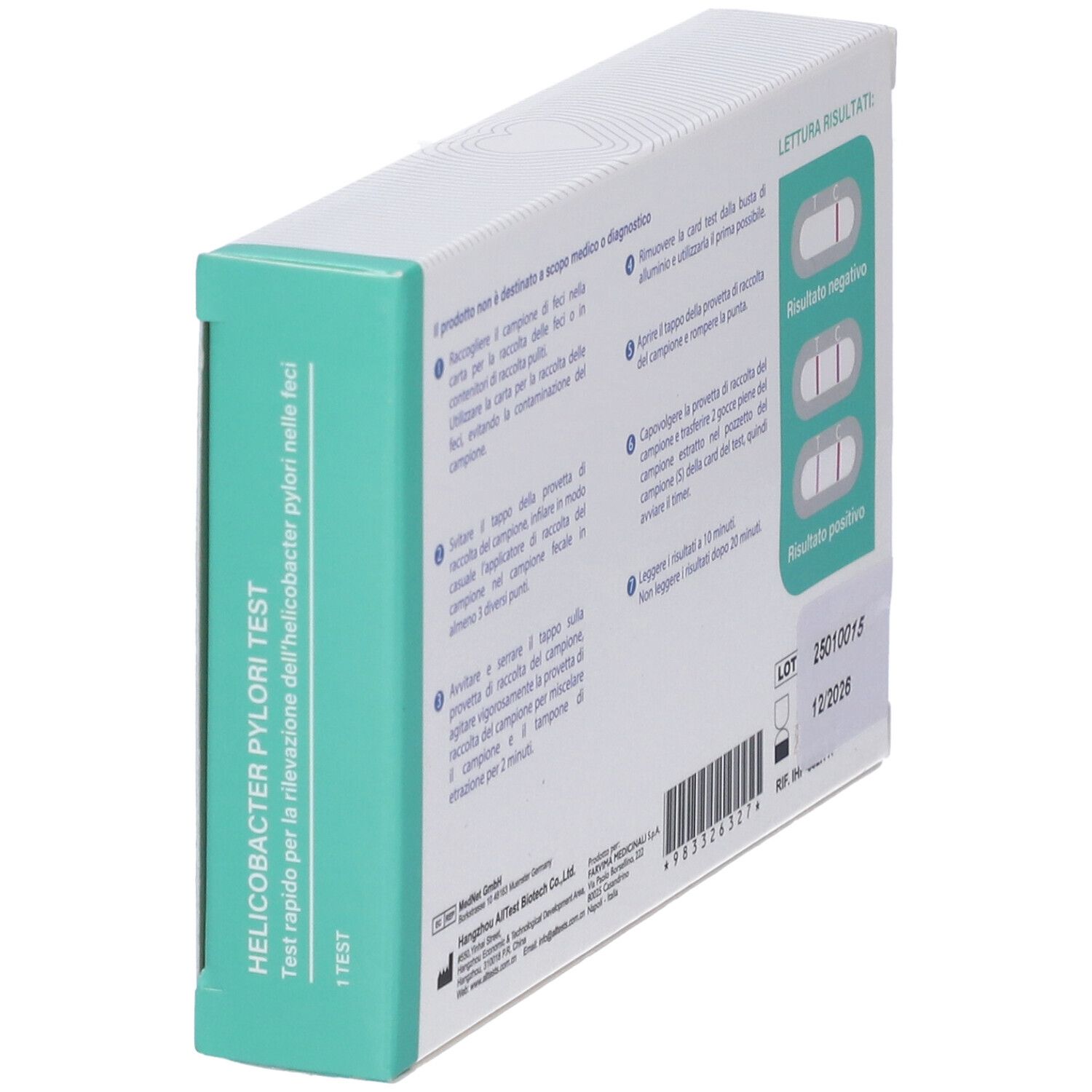Vista posteriore della confezione del test F-CARE Helicobacter Pylori. Istruzioni e risultati in italiano. Marchio CE.