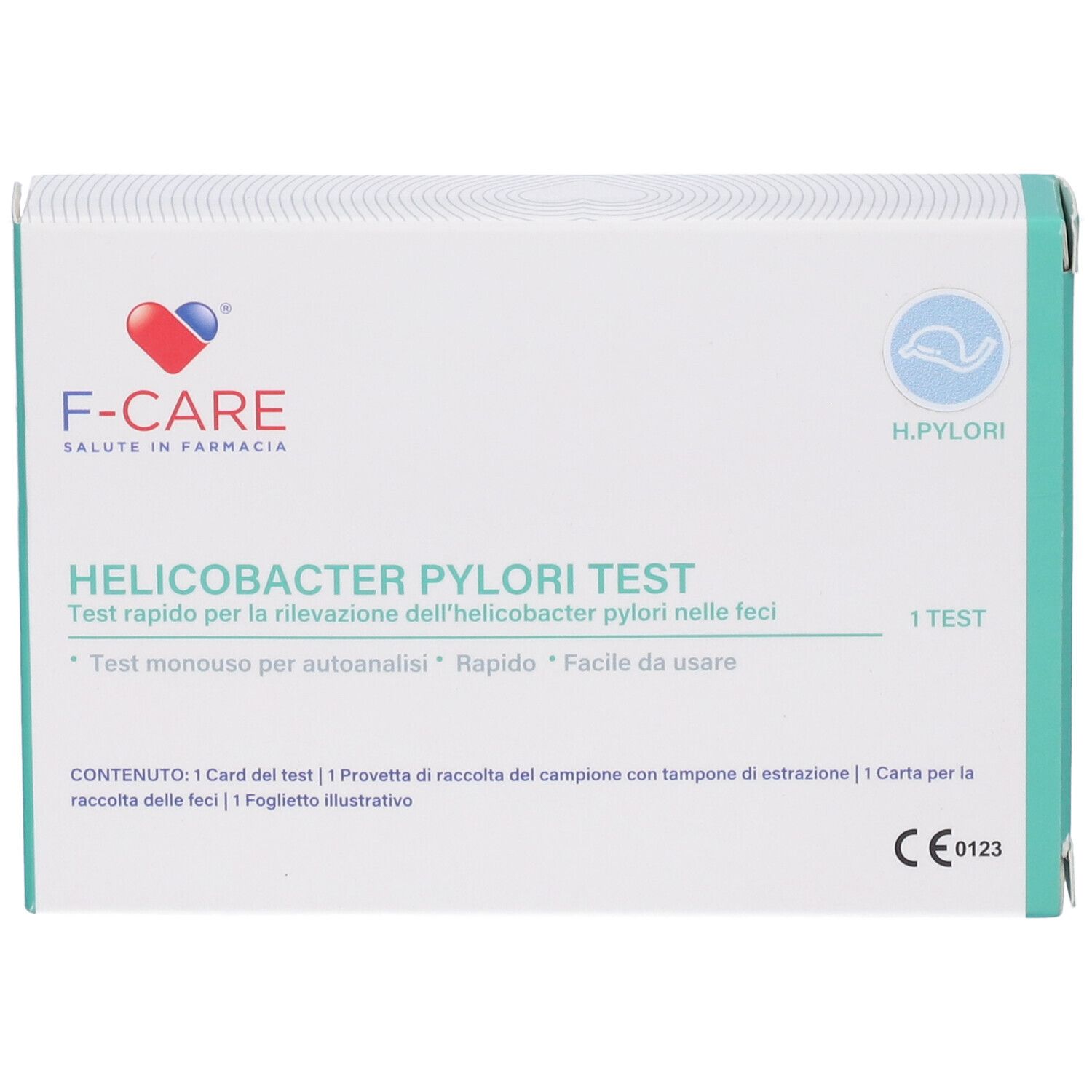 Scatola F-CARE, testo: Helicobacter Pylori Test. Contiene 1 test. CE 0123.