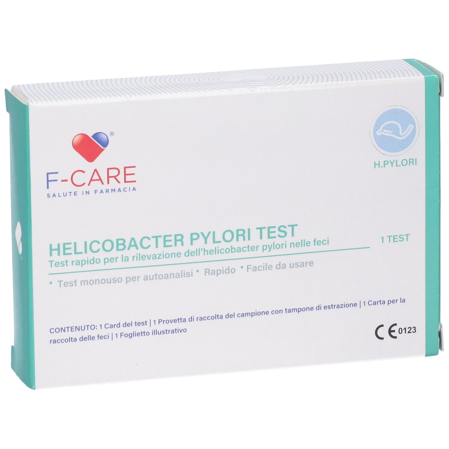 Confezione del test F-CARE Helicobacter Pylori. Bianca e verde. Logo cuore e testo in italiano. Contiene 1 test.