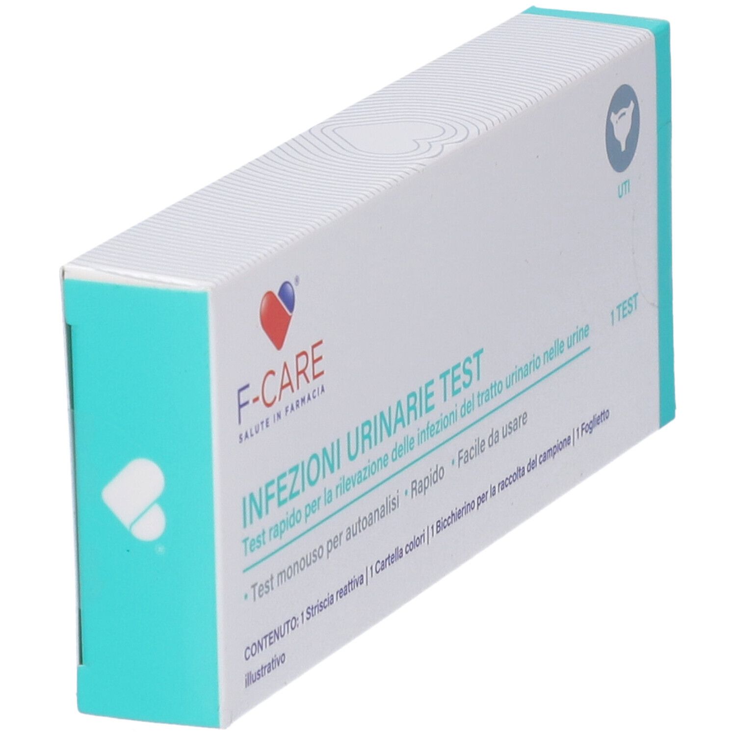 Confezione test F-CARE per infezioni urinarie. Imballaggio bianco e turchese con logo e nome prodotto. Vista angolata.
