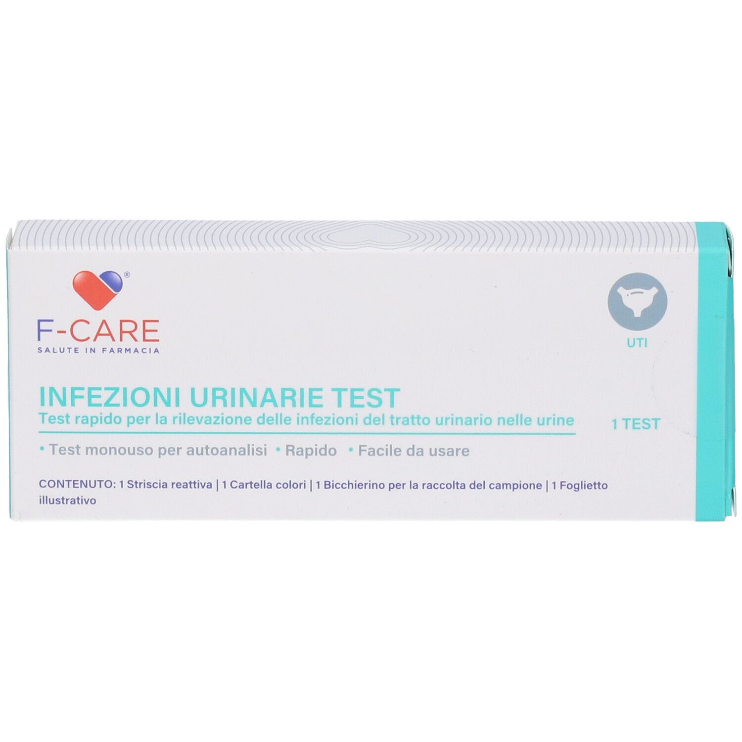 Confezione test F-CARE per infezioni urinarie. Imballaggio bianco e turchese con logo e nome prodotto.
